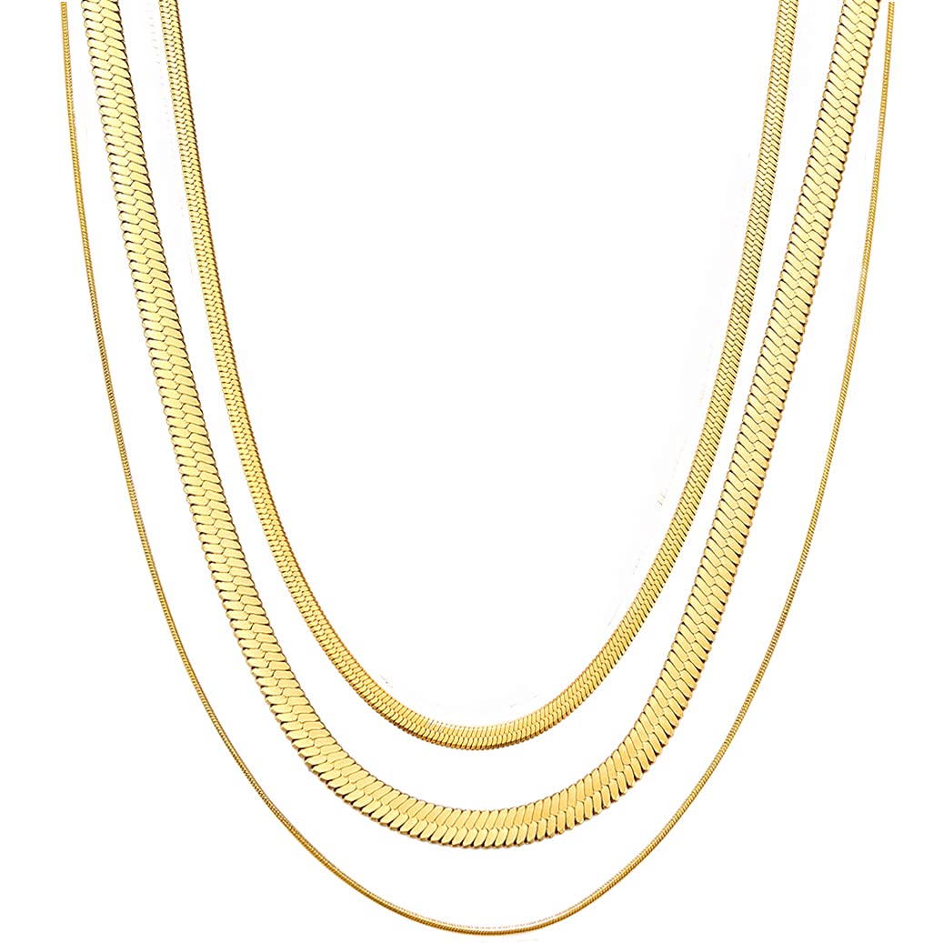 18K Gold Plated Herringbone Necklace for Women - Stainless Steel Titanium Snake Chain Layered Pendant Necklace | Elegant Gift for Anniversary, Birthday & Special Occasions