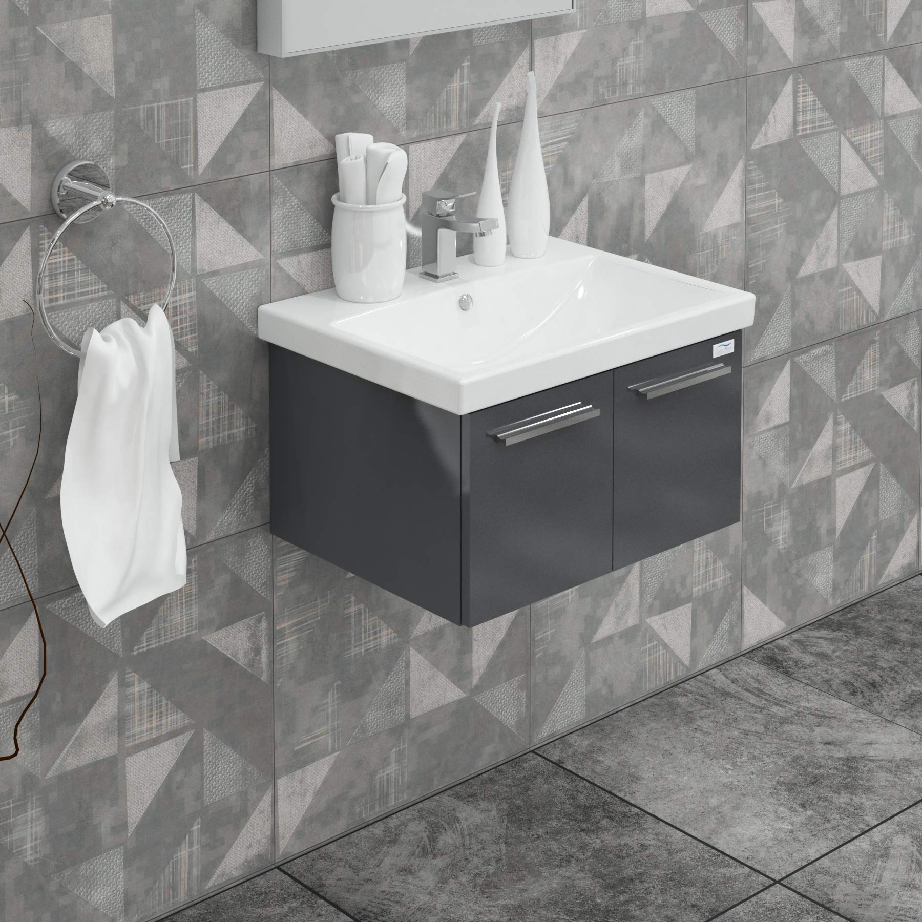 32 Inch Modern Floating Bathroom Vanity Set with LED Mirror & Side Cabinet - Soft Closing Doors, Ceramic Sink, Wall Mount Design in Glossy Gray | Perfect for Small Bathrooms, Apartments & Contemporary Home Decor