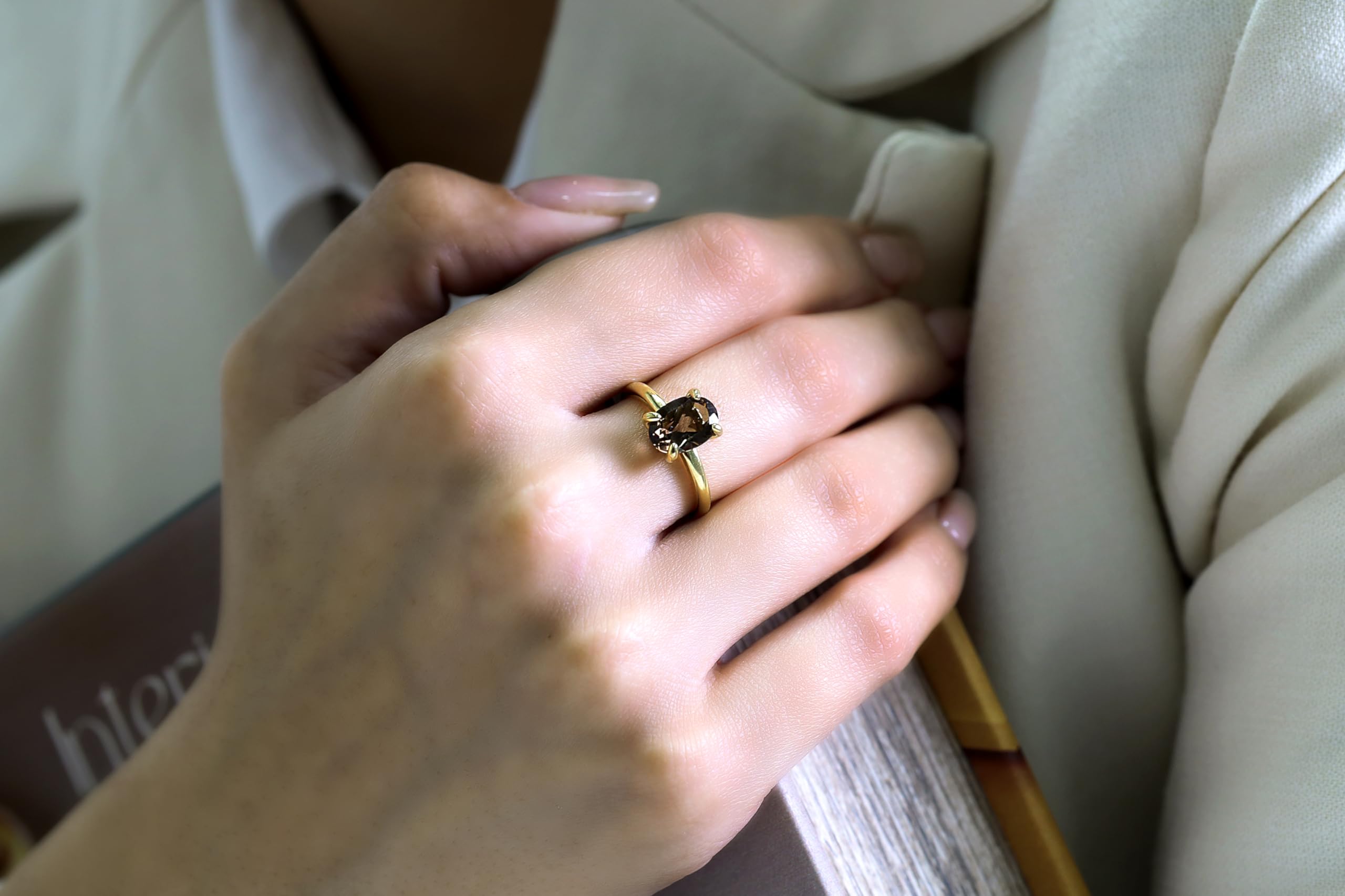 Smoky Quartz Prong Ring - Handmade Delicate Yellow Gold Gemstone Ring for Women | Stackable Fashion Jewelry | Unique Anniversary & Engagement Gift with Box | Perfect for Weddings, Parties & Everyday Wear
