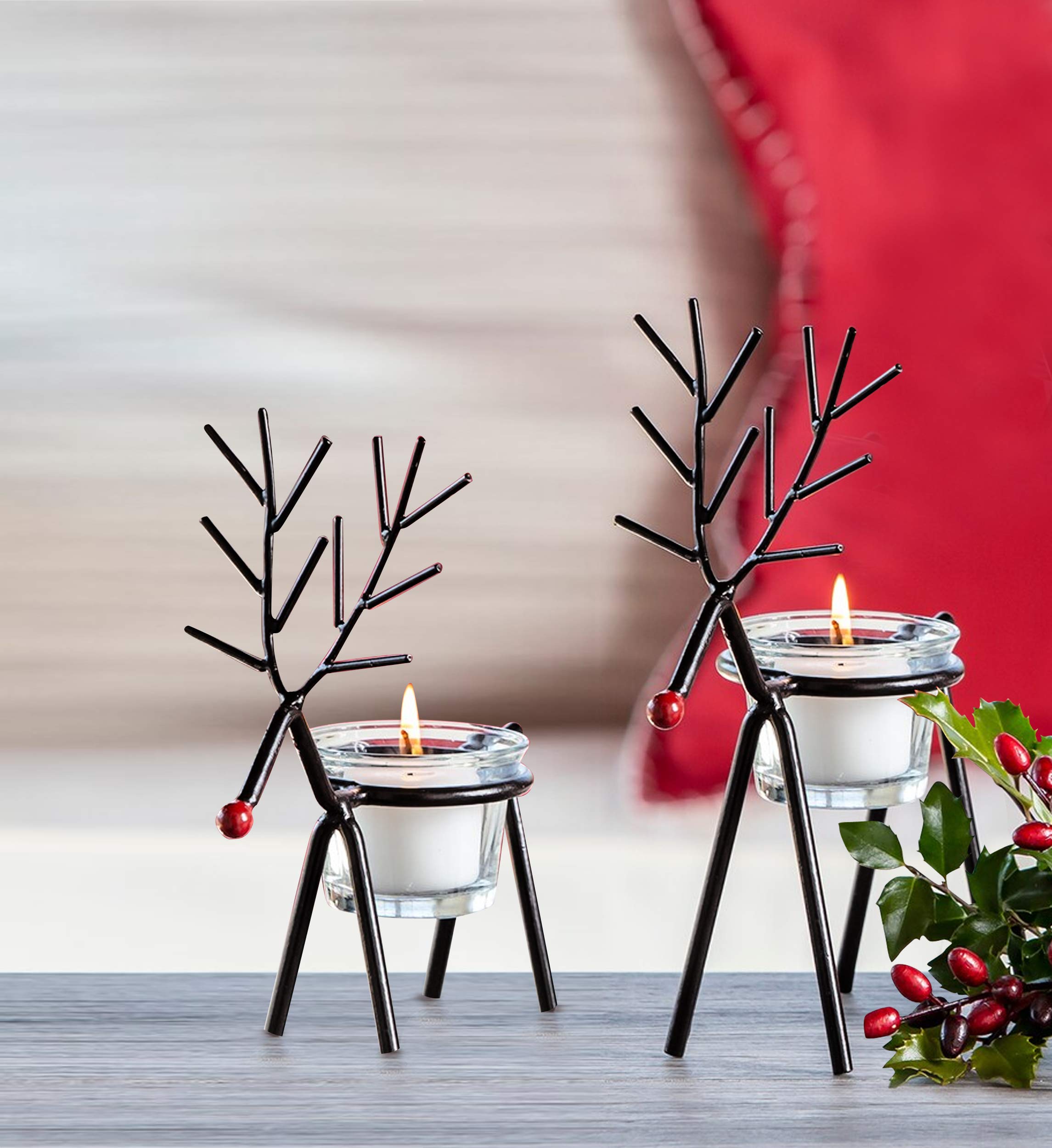 TIED RIBBONS Set of 2 Reindeer Tealight Candle Holders with Glass - Elegant Iron Home Decor for Christmas, Wedding, Party | Indoor & Outdoor Table Decoration | Perfect Holiday Gift Idea