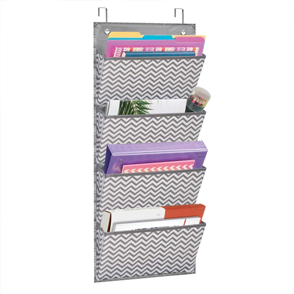 Eamay Wall Mount & Over Door File Organizer - 4 Large Document Holders for Office Supplies, School, Classroom & Home Use - Wave Pattern Design - Perfect for Paper Storage, Mail Sorting & Office Organization