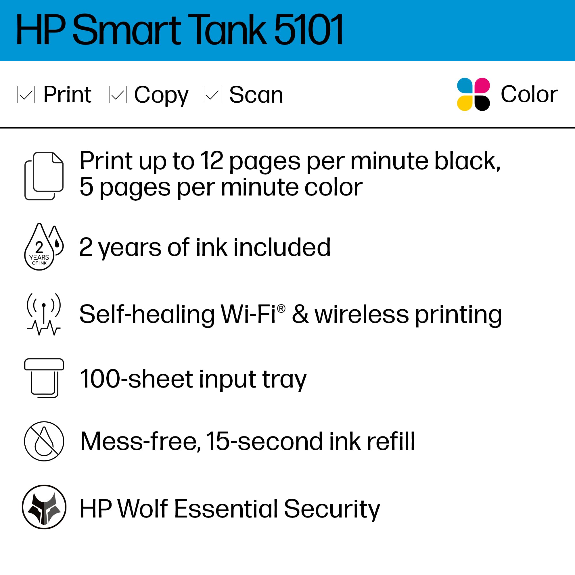 HP Smart Tank 5101 Wireless All-in-One Ink Tank Printer with 2 Years of Ink Included - Print, Scan, Copy - Best for Home & Office Use - Refillable Ink Tank System (1F3Y0A) - Perfect for Remote Work, School Projects, and Small Business Printing Needs