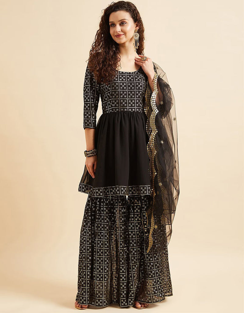 Elegant Black Poly Georgette Suit Sharara for Women - Stylish Party Wear & Wedding Outfit - Perfect for Festive Occasions, Bridal Shower, and Special Events