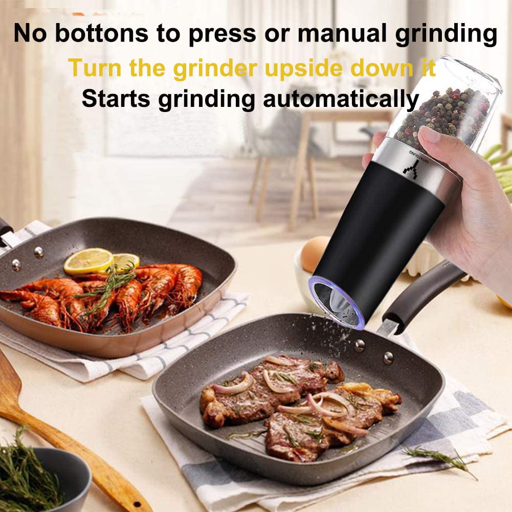 Premium Electric Salt and Pepper Grinder Set - Automatic Gravity Spice Mill with Adjustable Coarseness & Blue LED Light - Rechargeable Battery Operated - Perfect for Kitchen, Dining Table, Camping, and Gifts