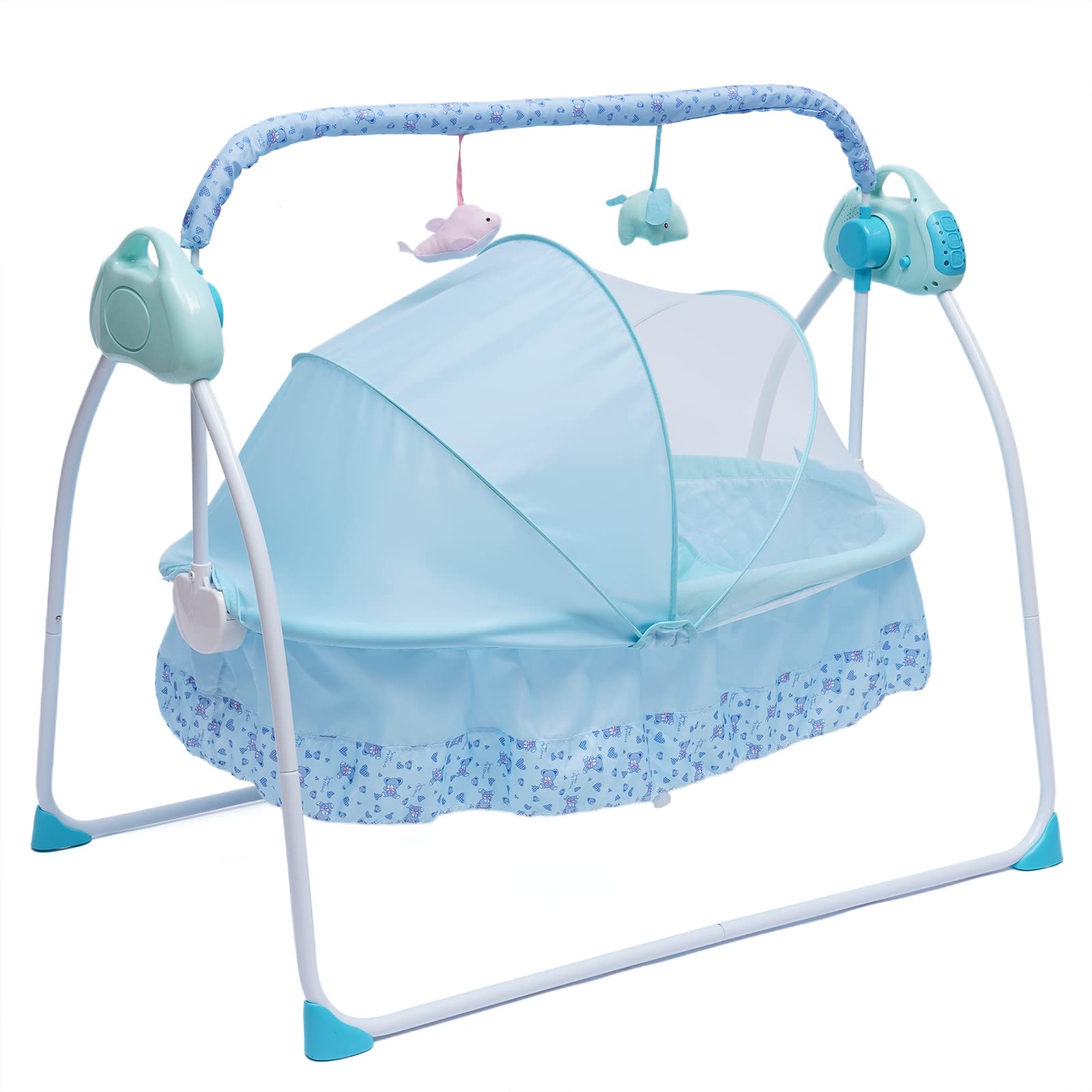 LOYALHEARTDY 3-Speed Electric Baby Cradle Swing with Remote Control - Auto Rocking Chair Bed & Musical Sleeping Basket for Newborns 0-18 Months - Includes Mosquito Net, Mat & Pillow (Blue) - Perfect for Nursery, Bedroom or Living Room Soothing & Sleep Aid