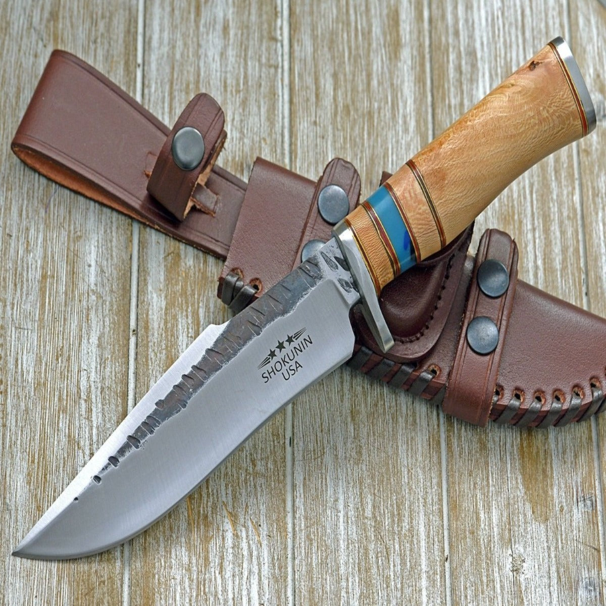 Premium Damascus Steel Bowie Knife with Exotic Leopard Wood Handle - Hunting, Camping & Outdoor Survival Essential