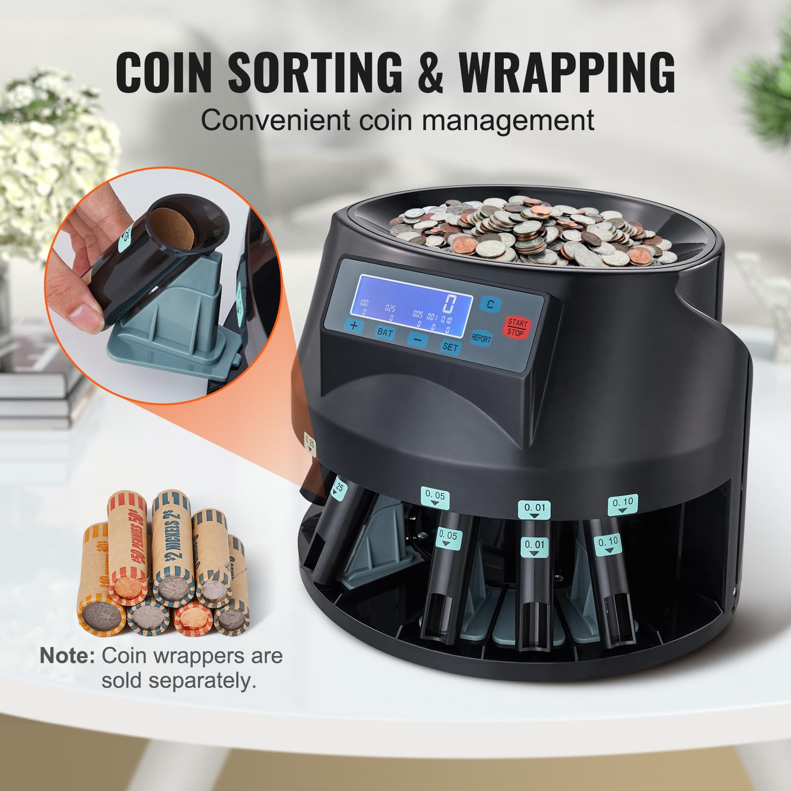VEVOR Coin Counter & Sorter Machine with LCD Display - High Speed 300 Coins/min, 2000 Coin Capacity for US Currency (Pennies, Nickels, Dimes, Quarters & $1 Coins) - Includes 5 Sorting Bins & Tubes - Perfect for Banks, Retail Stores & Cash-Intensive Businesses