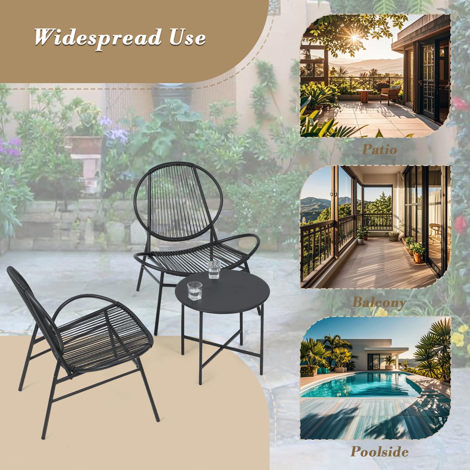 3-Piece Patio Conversation Set - All-Weather Rattan Acapulco Chairs & Round Table Bistro Set for Indoor/Outdoor Use - Perfect for Balcony, Poolside, Garden, Backyard & Patio Decor (Black)