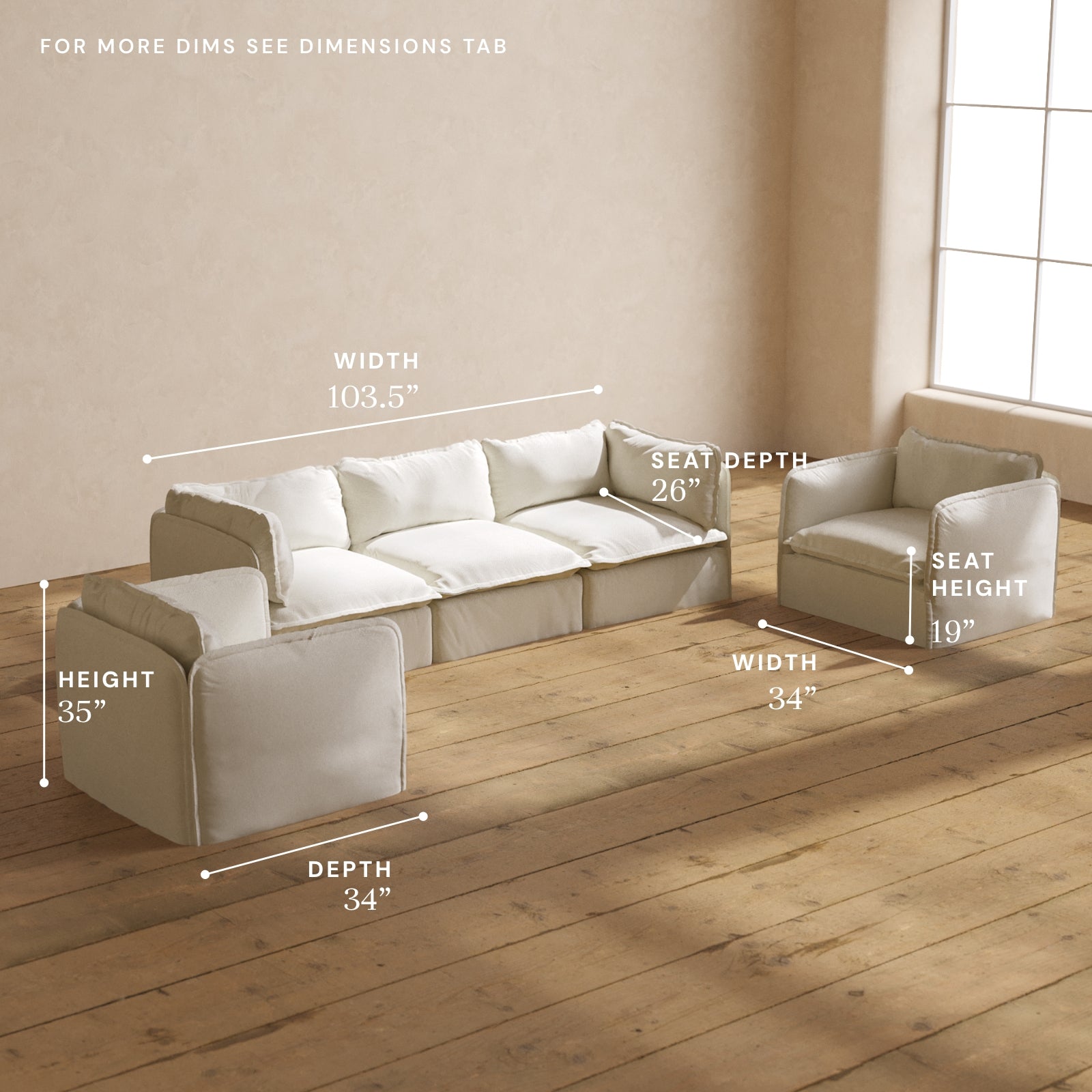 Modular Performance 3 Seater Sofa with Armchair Set in Eggshell White | Modern Living Room Furniture for Small Spaces, Apartment & Home Theater Comfort