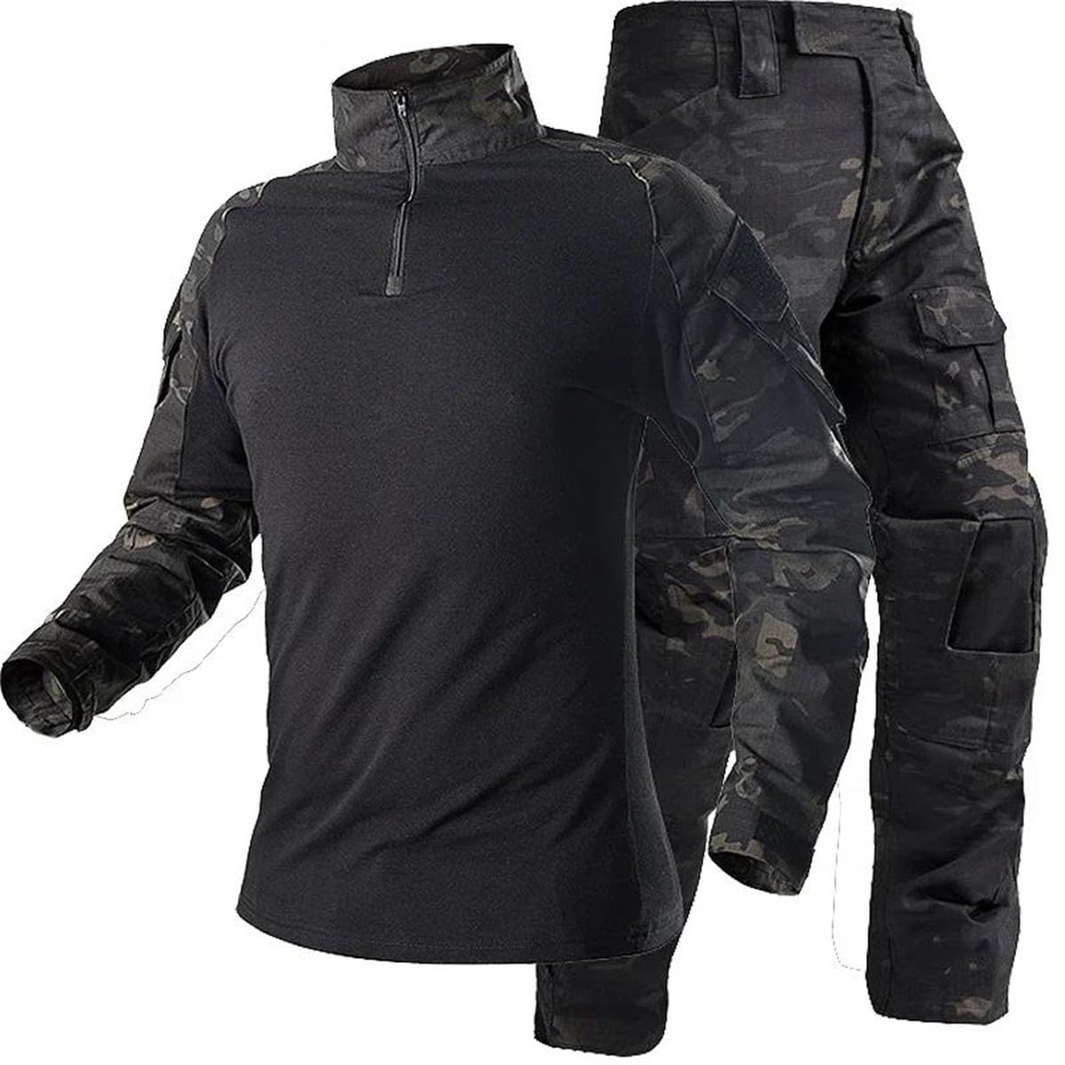 Black Tactical Shirt and Pants Set with Knee Pads - Military Work Uniform for Hunting, Airsoft & Outdoor Activities | Durable Tactical Gear for Professionals