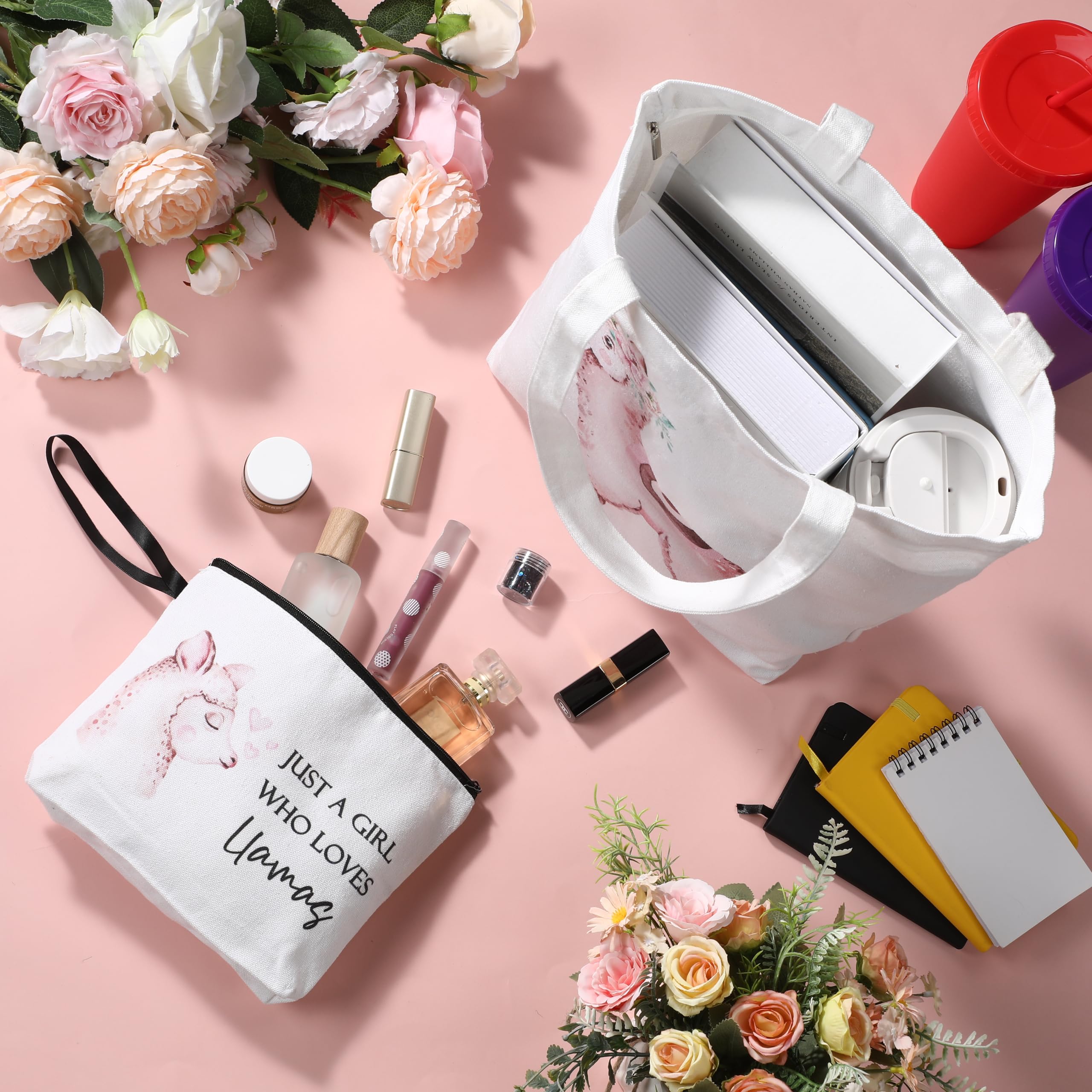 2 Pack Cute Llama Gift Set for Women - Canvas Tote Bag & Makeup Pouch - Perfect Mothers Day, Birthday Gifts for Sister, Friends & Animal Lovers - Great for Travel, Shopping & Everyday Use