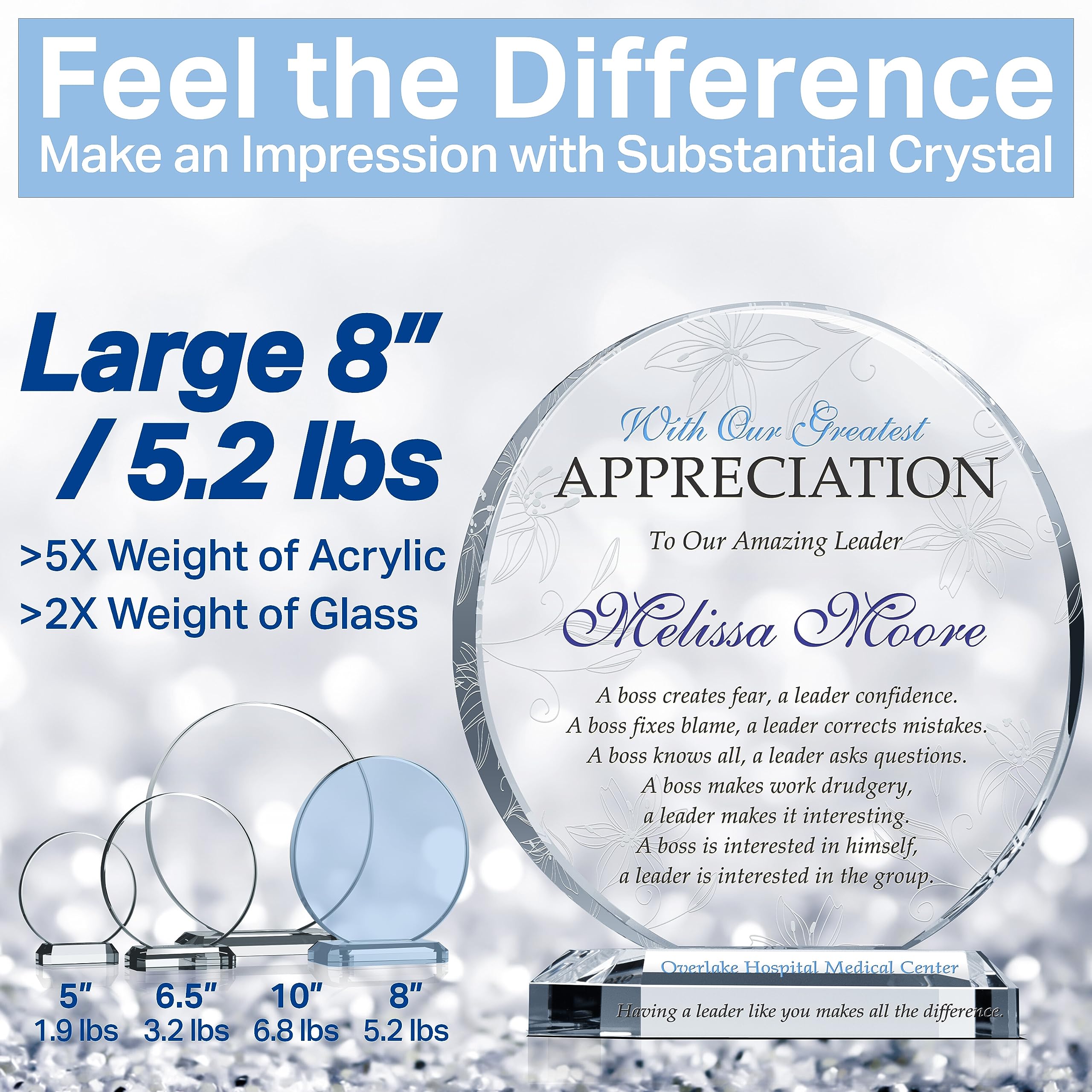 Personalized Boss Appreciation Award Plaque - 6.5 Inch Engraved Crystal Trophy for Employee Recognition, Retirement Gifts & Leadership Awards - Customizable with Name/Message