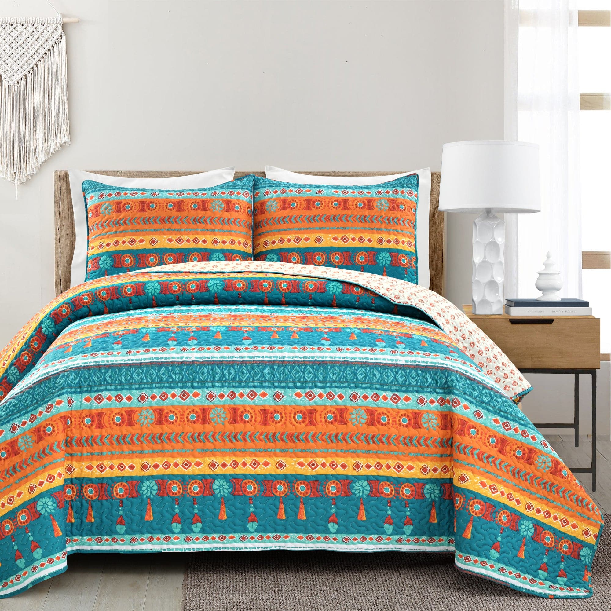 Boho Watercolor Border Quilt 3 Piece Set - Soft Cotton Bedding for Bohemian Style Bedroom Decor | Perfect for Guest Rooms, Dorms & Cozy Home Styling