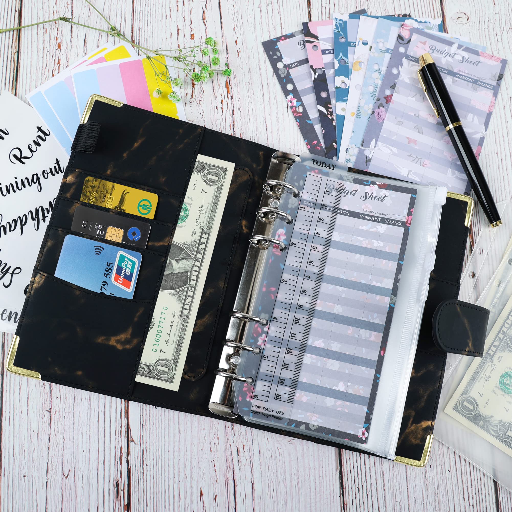A6 Money Saving Budget Binder with 12 Cash Envelopes & Zipper Pockets - Personal Finance Organizer for Cash Budgeting System - Perfect for Home Budgeting, Expense Tracking & Financial Planning (Black)