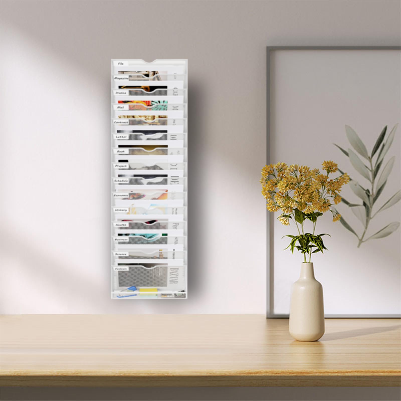 16-Pocket Mesh Wall File Holder - Metal Hanging File Organizer for Office & Home - Wall Mounted Mail Sorter - White Office Organization Solution - Perfect for Bills, Letters, Documents & Home Office Storage