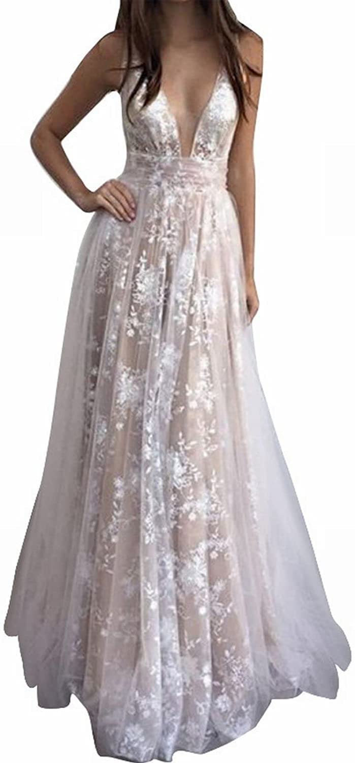 Women's V-Neck Floral Lace Boho Long Evening Dress for Wedding Guests, Cocktail Party & Special Occasions - Elegant Maxi Dress for Prom, Gala & Formal Events