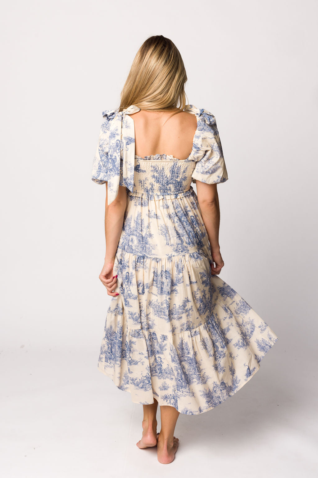 Elena 100% Cotton Toile Print Smocked Midi Dress in Blue - Bump Friendly Maternity Dress for Pregnancy, Nursing & Special Occasions | Perfect for Baby Showers, Brunch Dates & Summer Outings