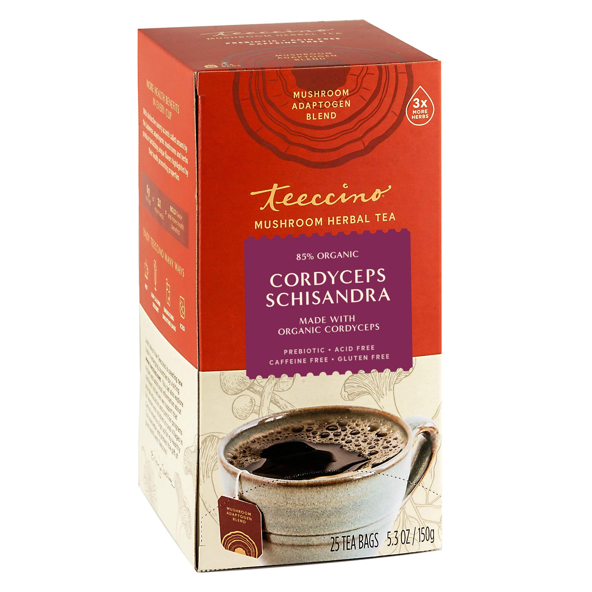 Organic Cordyceps Schisandra Herbal Tea - Cinnamon Berry Flavor, Caffeine-Free Adaptogenic Mushroom Tea with 3x More Herbs, Naturally Sweet, Gluten-Free, Prebiotic - 25 Tea Bags for Relaxation & Immune Support