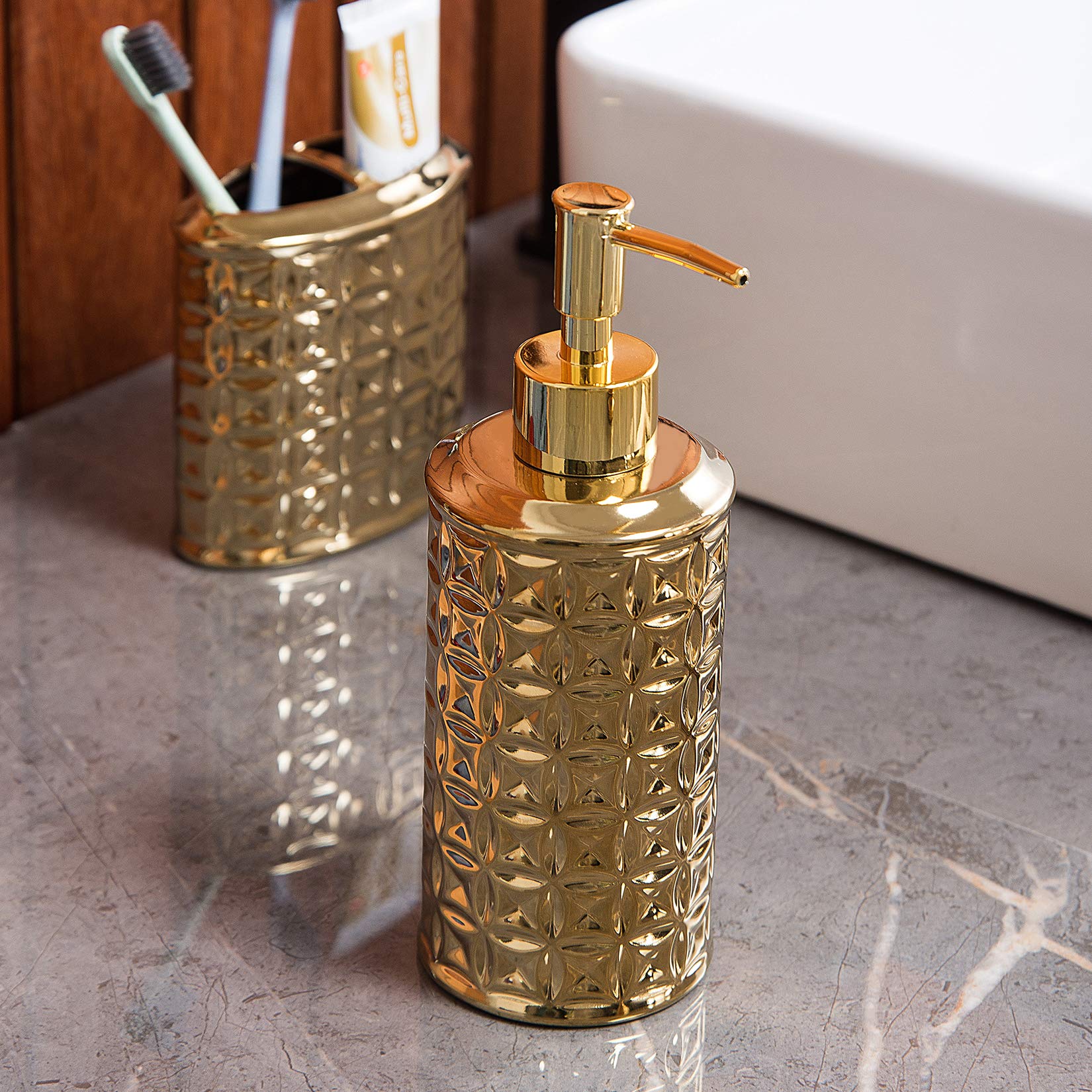 Luxury Gold Ceramic Bathroom Accessory Set - 4-Piece Includes Soap Dish, Toothbrush Holder, Lotion Dispenser & Tumbler | Elegant Bathroom Decor for Modern Homes, Hotels & Spas