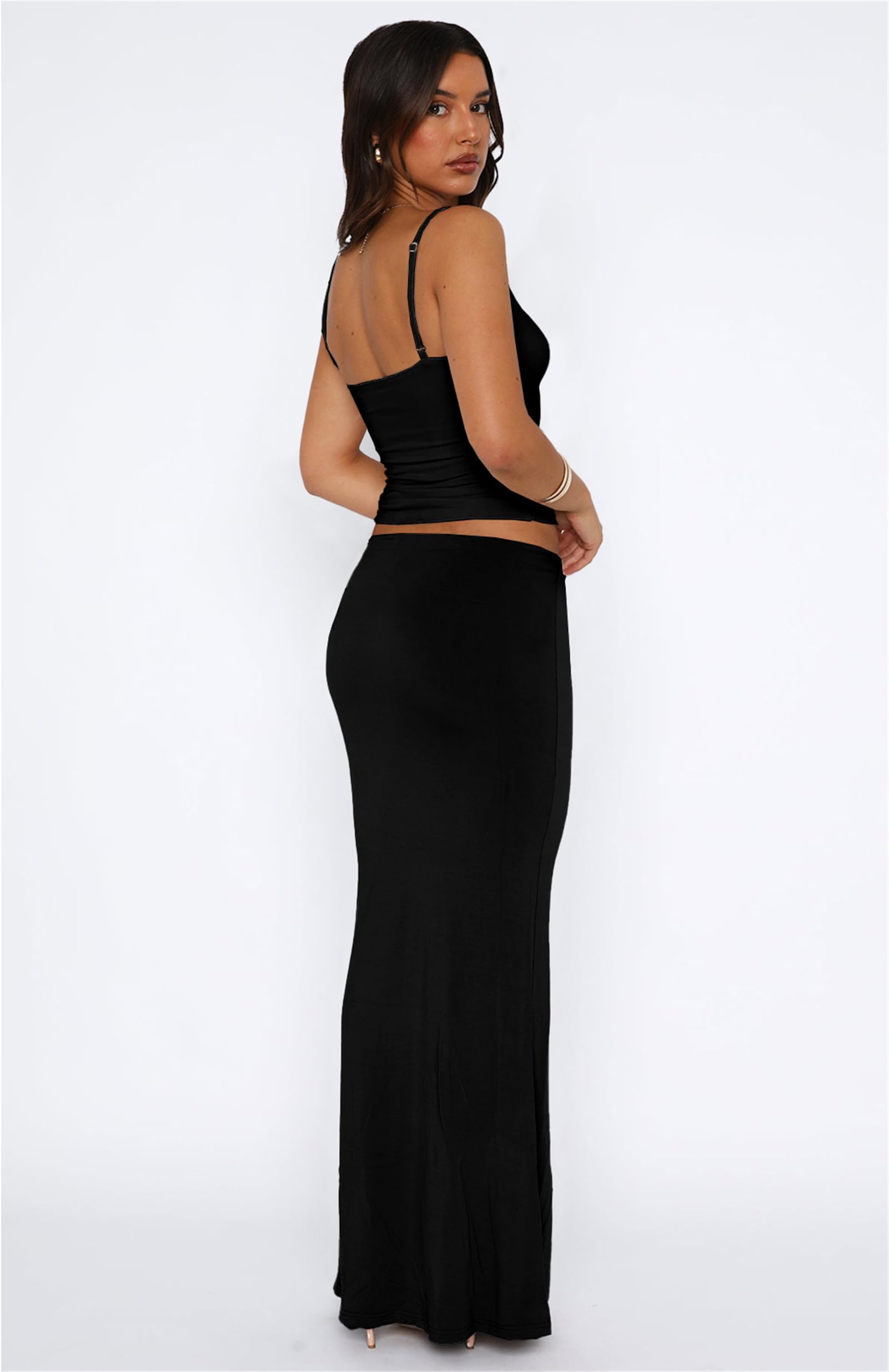 Sexy Women's Two Piece Skirt Set - Sleeveless Spaghetti Strap Pleated Tank Top with Maxi Long Skirt | Summer Outfits, Beachwear, Date Night Dresses, Casual Chic Fashion
