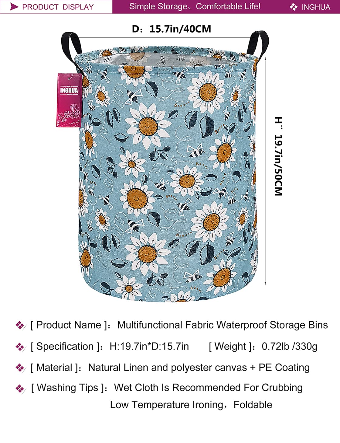 Large Canvas Laundry Hamper - Collapsible, Waterproof Storage Basket for Clothes & Toys | Lightweight Organizer for Dorm, Bedroom & Bathroom | Perfect for College Students, Boys & Girls (Sunflower)