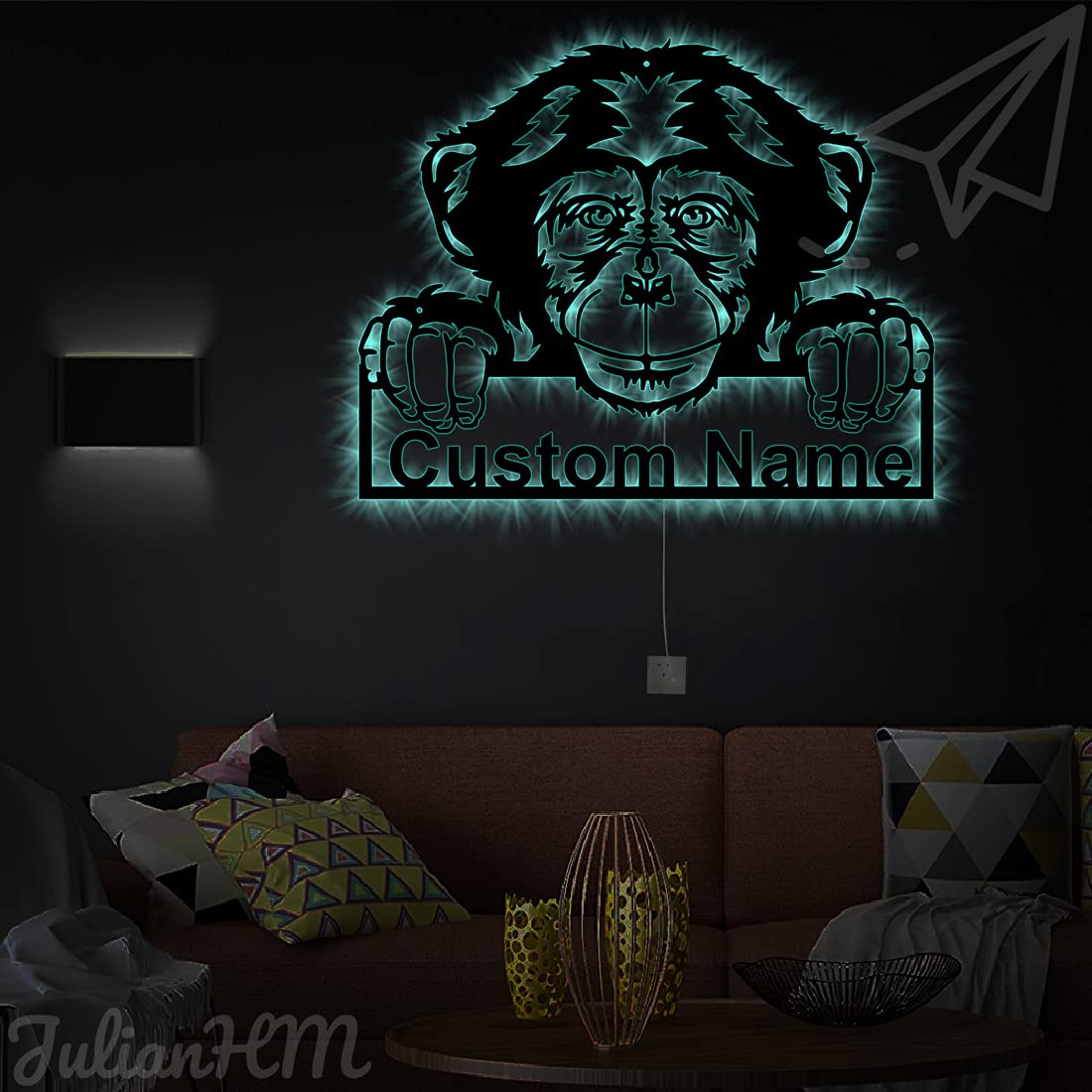 Personalized Chimpanzee Monkey LED Wall Art - 18x18 Inches Custom Metal Sign with Lights for Home & Bar Decor - Perfect for Living Room, Bedroom, or Man Cave