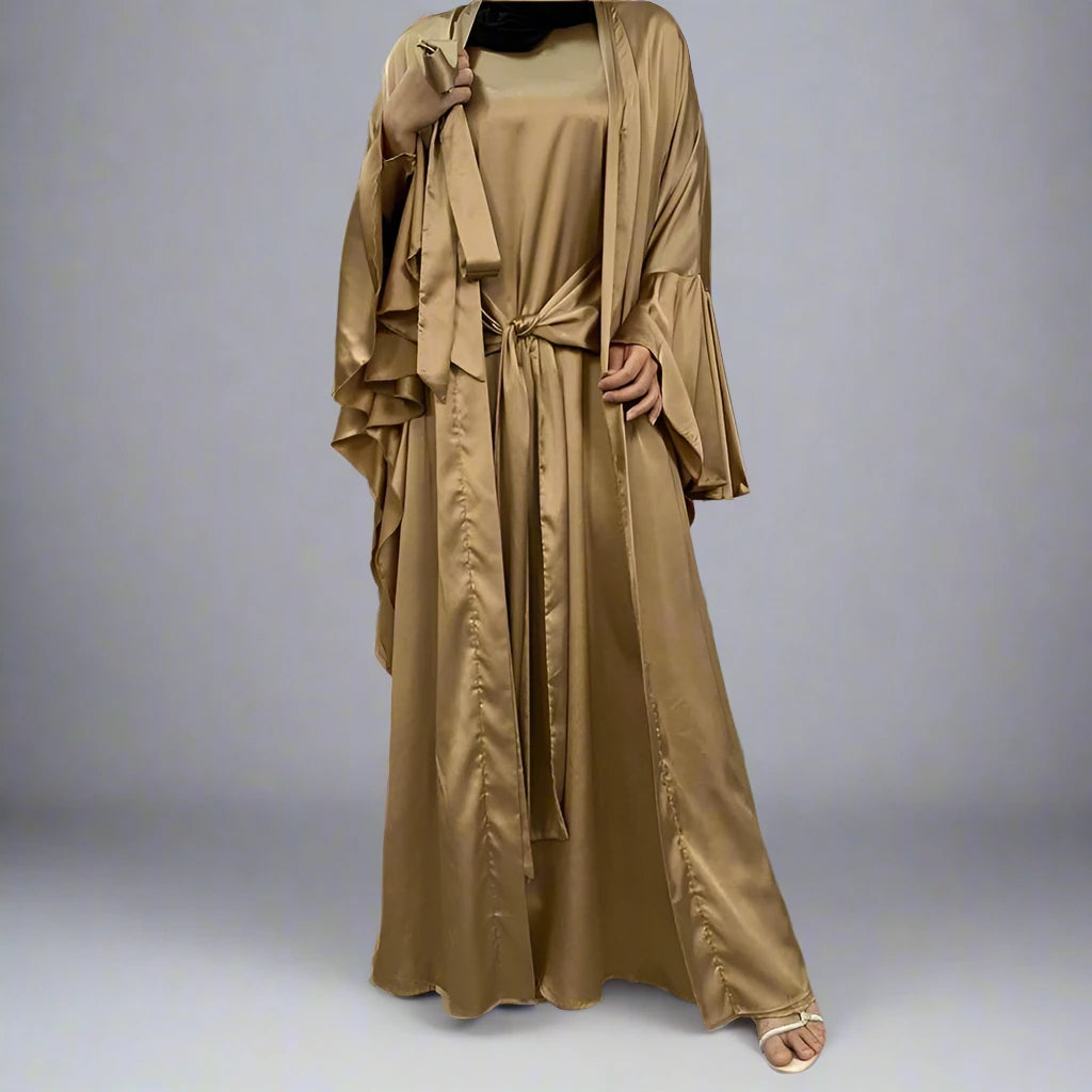 2 Piece Set Satin Open Abaya Dress for Women - Elegant Muslim Prayer Dress & Evening Wear - Perfect for Ramadan, Eid, and Special Occasions