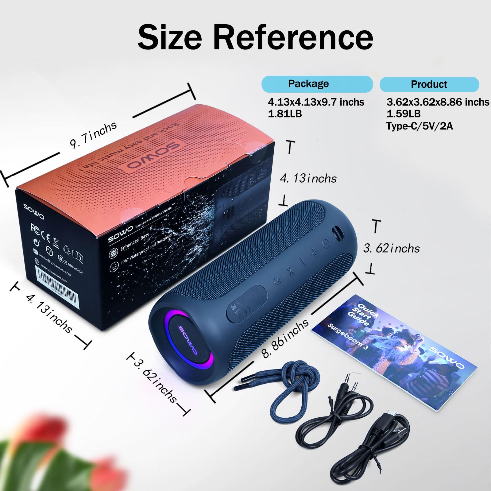 SOWO Waterproof Bluetooth Speaker Wireless - Portable Outdoor Speaker with Built-in Subwoofer, Extra Bass, Stereo Sound, IP67 Rating & Colorful LED Lights - Perfect for Parties, Camping, Beach & Pool Use - Blue