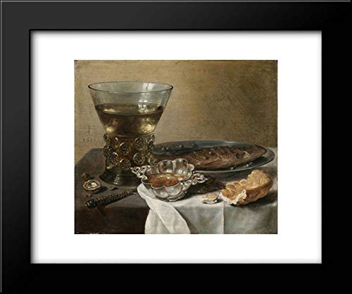 Pieter Claesz Framed Art Print - Still Life with Silver Brandy Bowl, Wine Glass, Herring & Bread (24x20) | Classic Dutch Still Life Painting for Dining Room & Kitchen Decor