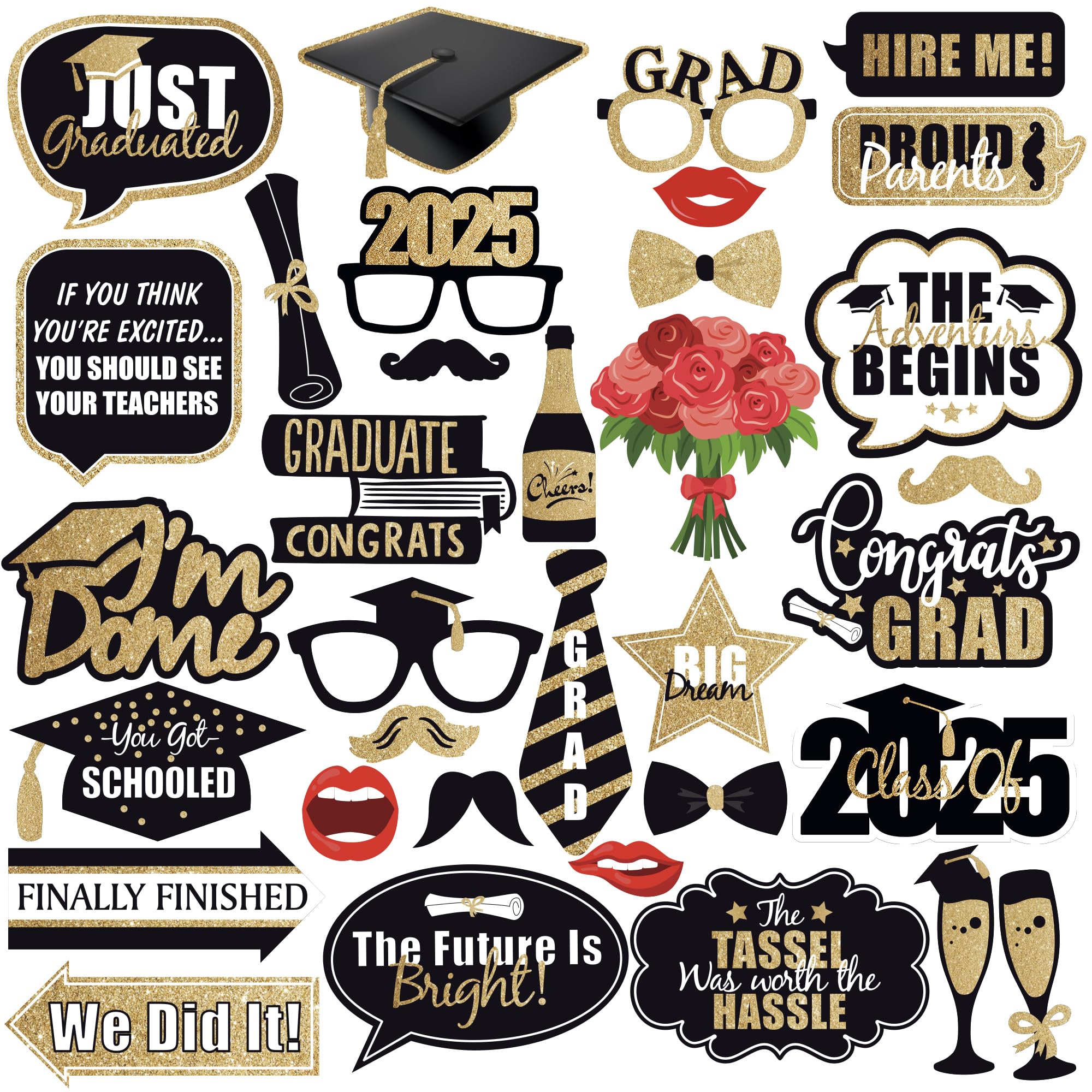 KatchOn 34-Piece Black & Gold Graduation Photo Booth Props Kit - Class of 2025 Decorations for Graduation Parties, Photo Backdrops & Cap Decor | Glitter Photo Booth Accessories for Graduation Celebrations