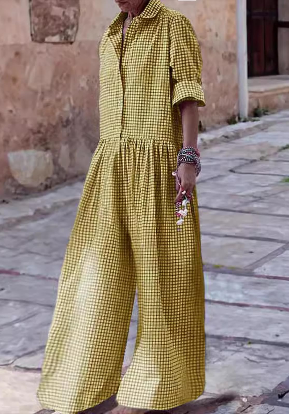 CHARTOU Women's Plaid Jumpsuit - Button Down Shirt Style Roll-Up Sleeve Romper with Gingham Print & Wide Leg Flow Pants | Casual Outfit for Spring, Summer Dates & Office Wear