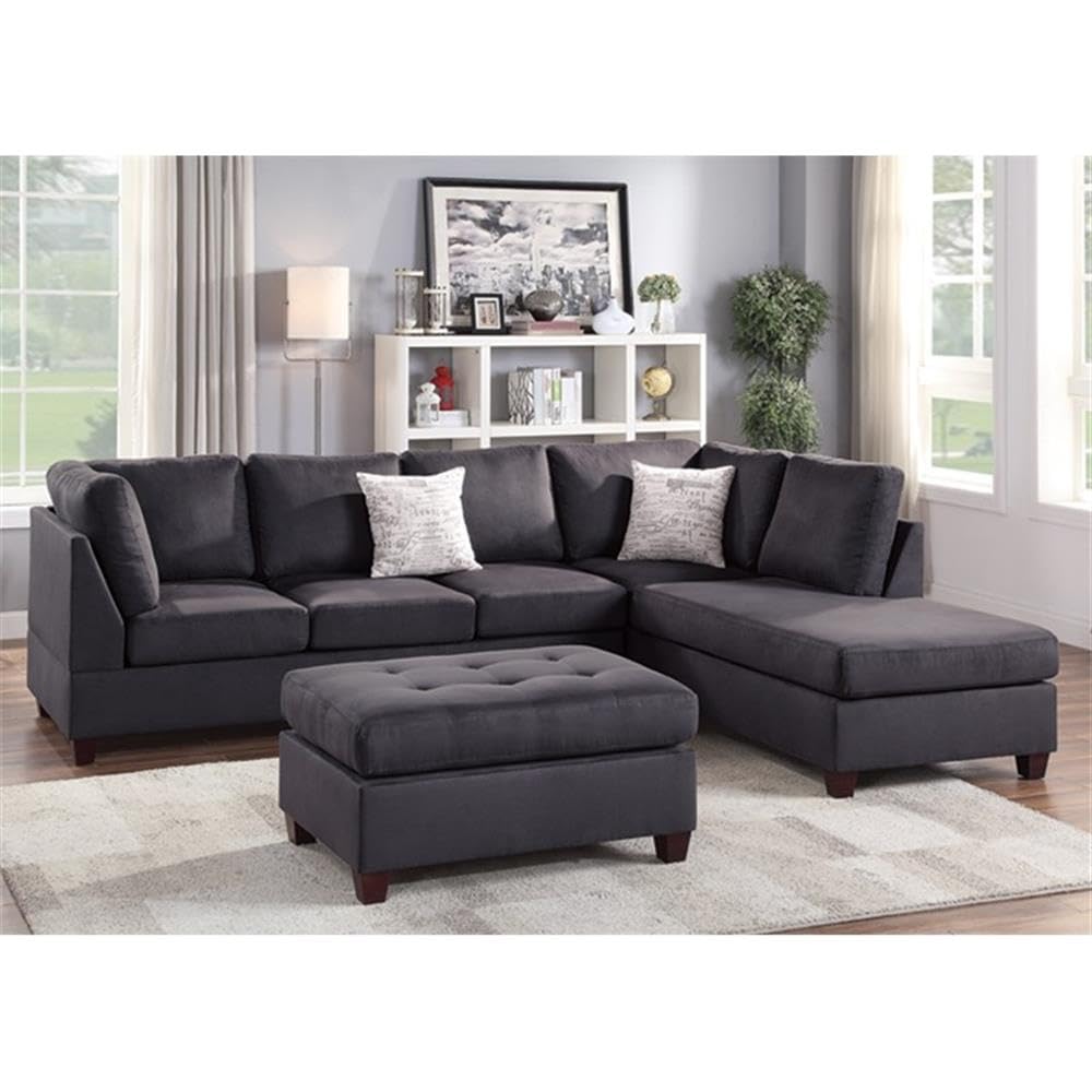 Poundex Ebony Sectional Sofa - Modern L-Shaped Couch for Living Room, Family Room & Home Theater