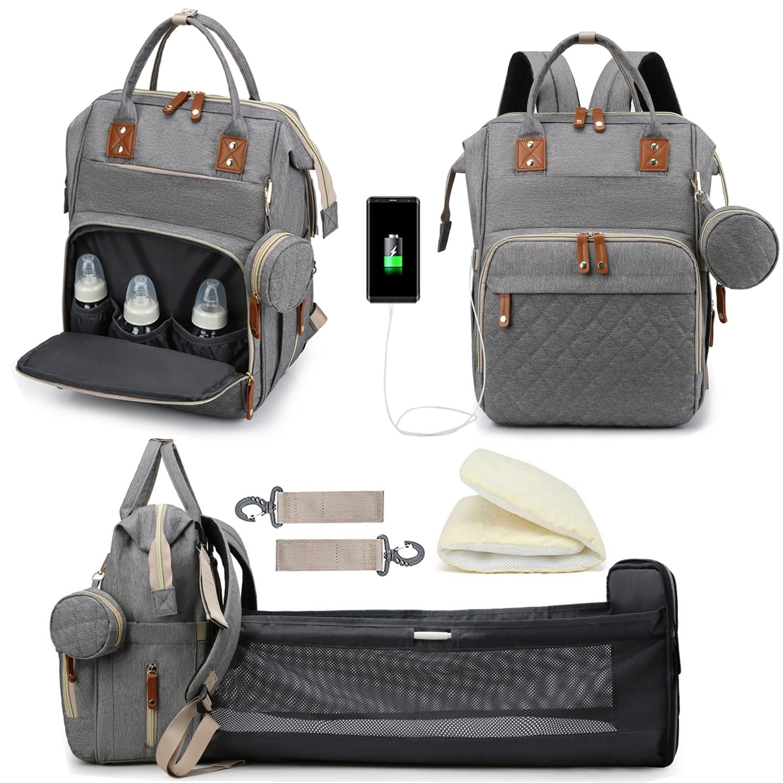 Fwkekye Large 3-in-1 Baby Diaper Backpack with Changing Station & USB Port - Perfect Baby Shower Gift for New Moms, Registry Search Essential for Boys & Girls (Gray) | Ideal for Travel, Outings & Daily Parenting Needs