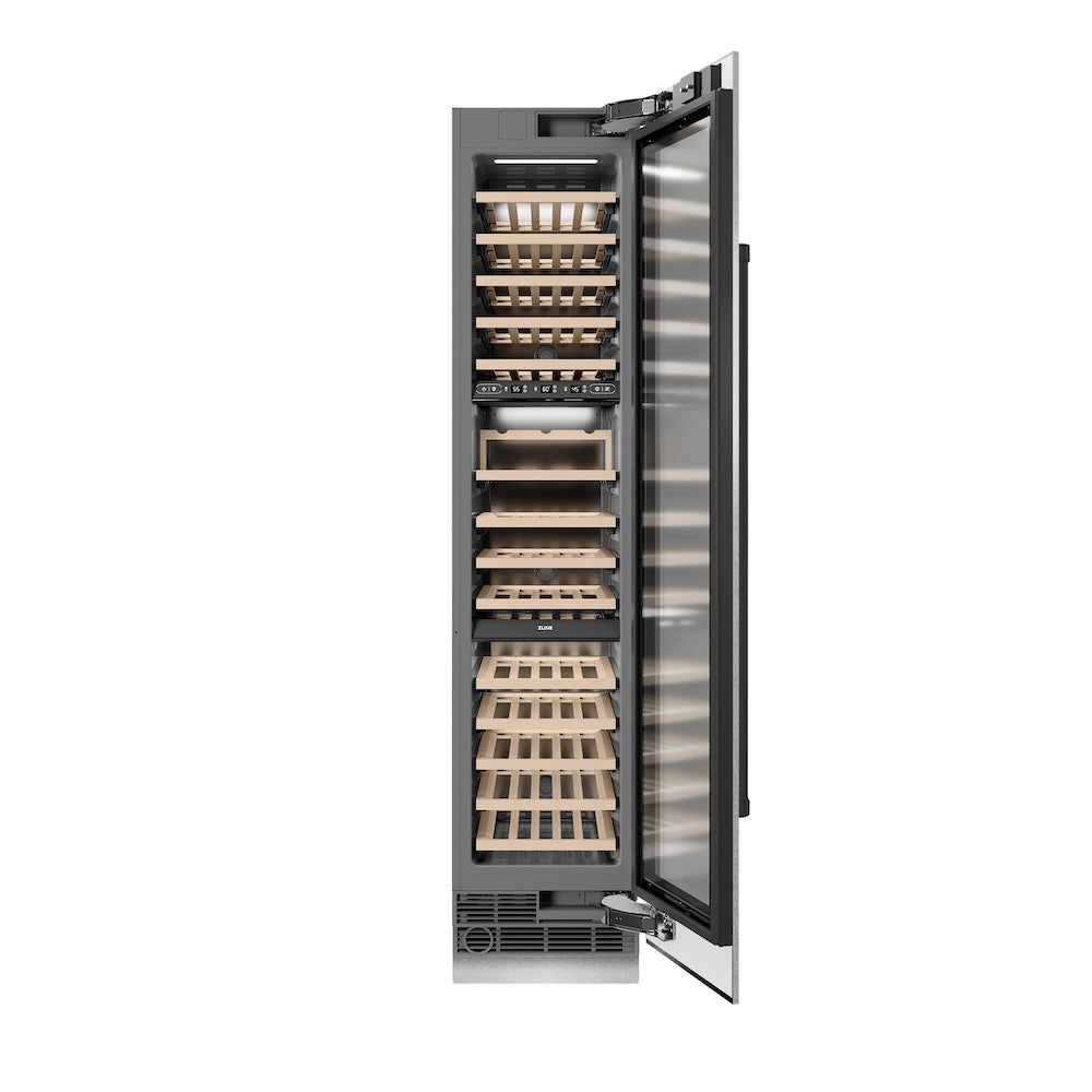 ZLINE Autograph Edition 18 Inch 9.0 cu ft Triple Zone 68 Bottle Right Hinge Stainless Steel Wine Cooler Refrigerator with Matte Black Accents - Perfect for Home Bars, Wine Cellars, and Entertaining Spaces (RCWVRZ SN 18 MB)