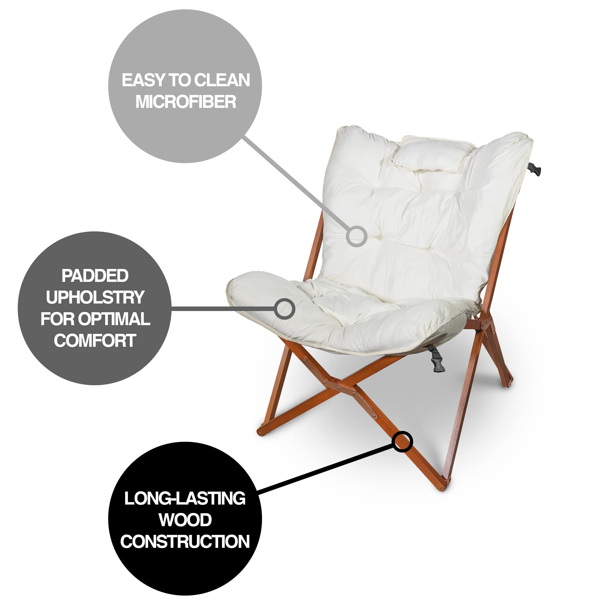 Zenithen White Wood Butterfly Folding Accent Chair - Compact Indoor Chair for Dorm, Bedroom & Living Room - Perfect for Reading, Studying, Gaming & Movie Nights - Space-Saving Home Decor & Comfort Seating Solution