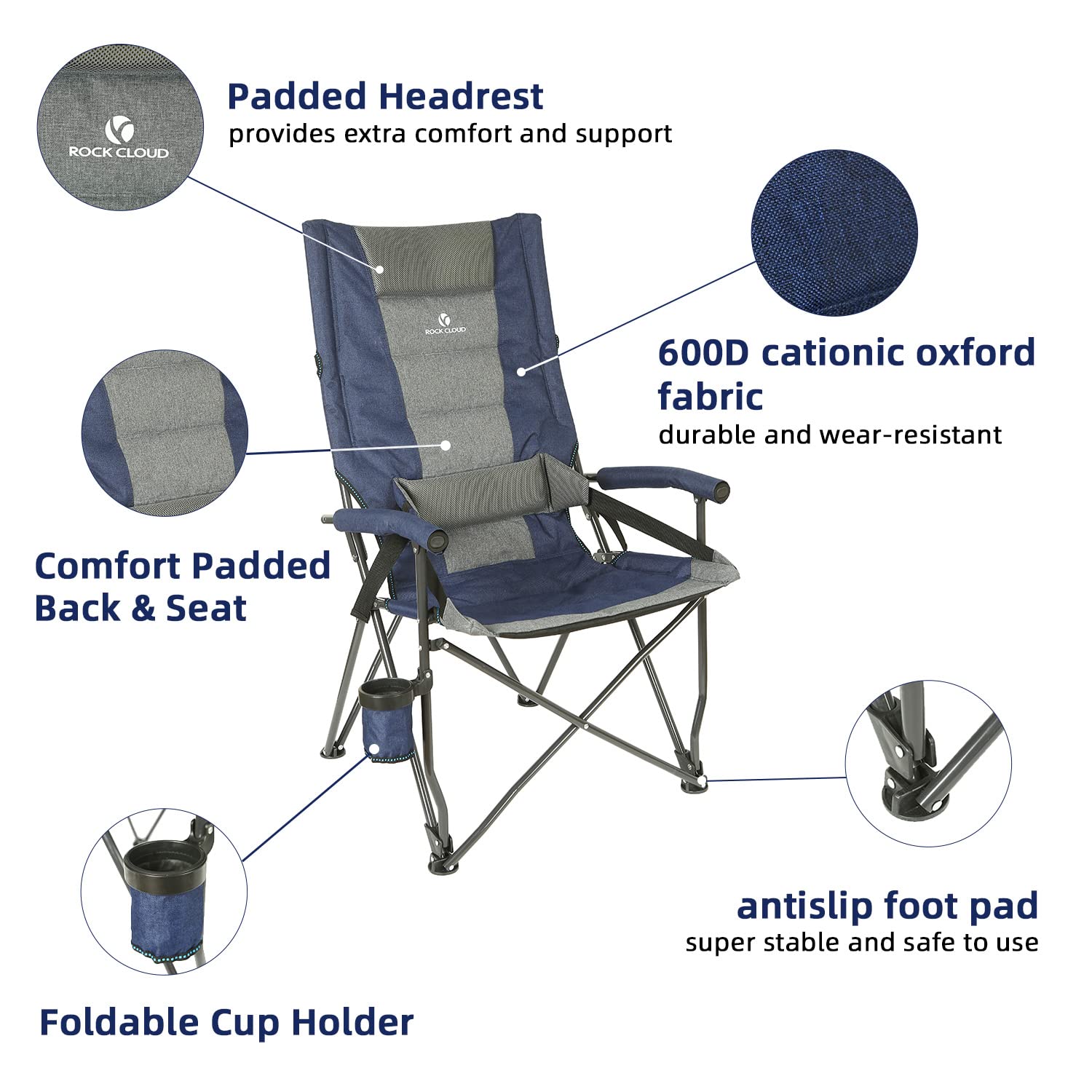 ROCK CLOUD Folding Camping Chair with Lumbar Support - Padded Portable Outdoor Chair for Camping, Hiking, Fishing, Backyard, Beach, Picnics and Sports Events - Heavy Duty Comfortable Lawn Chair