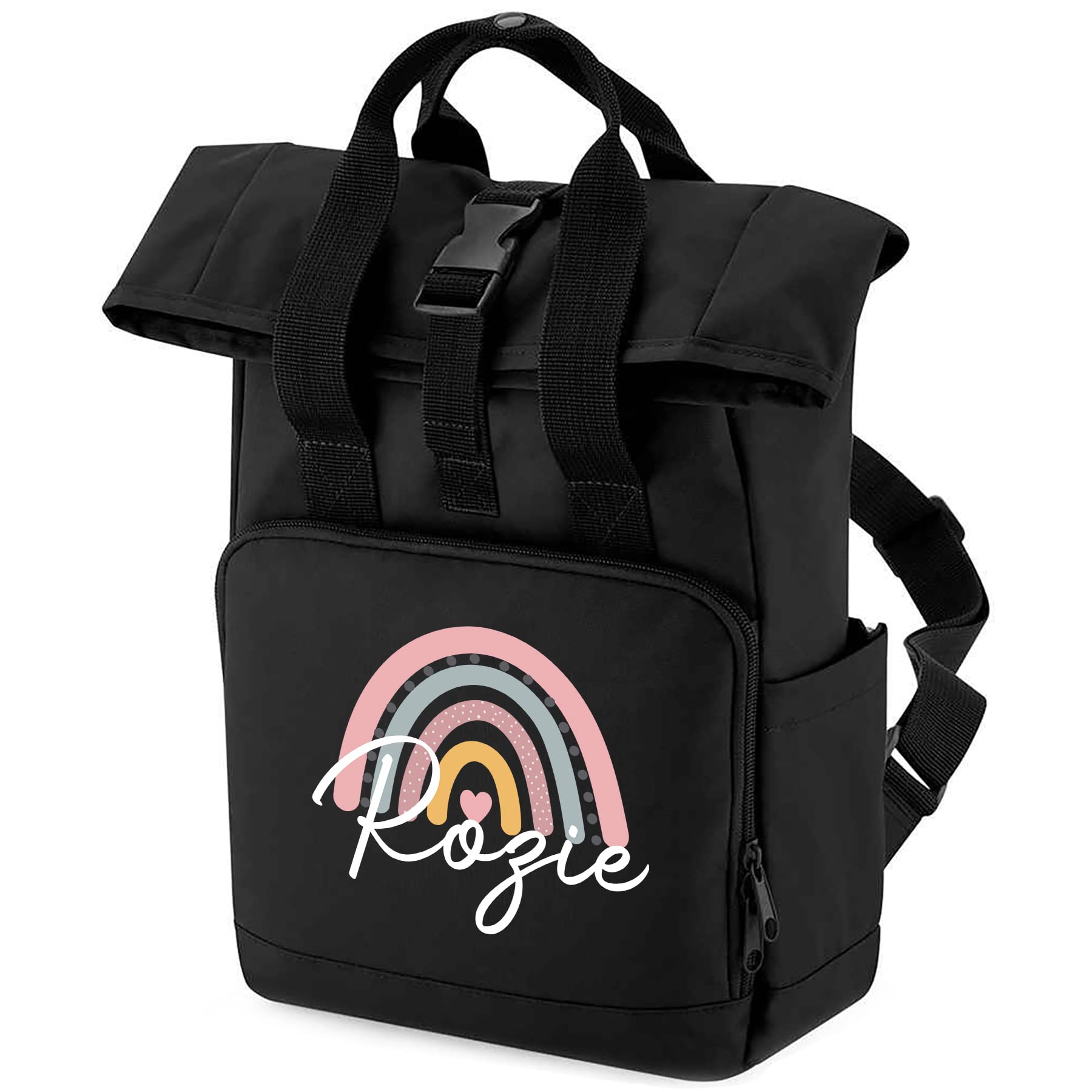 Personalized Rainbow Mini Roll Top Backpack for Girls - Toddler Preschool School Rucksack, Blush Pink Nursery Bag - Perfect for School, Travel & Daily Use as a Cute Little Girl Gift (One Size)