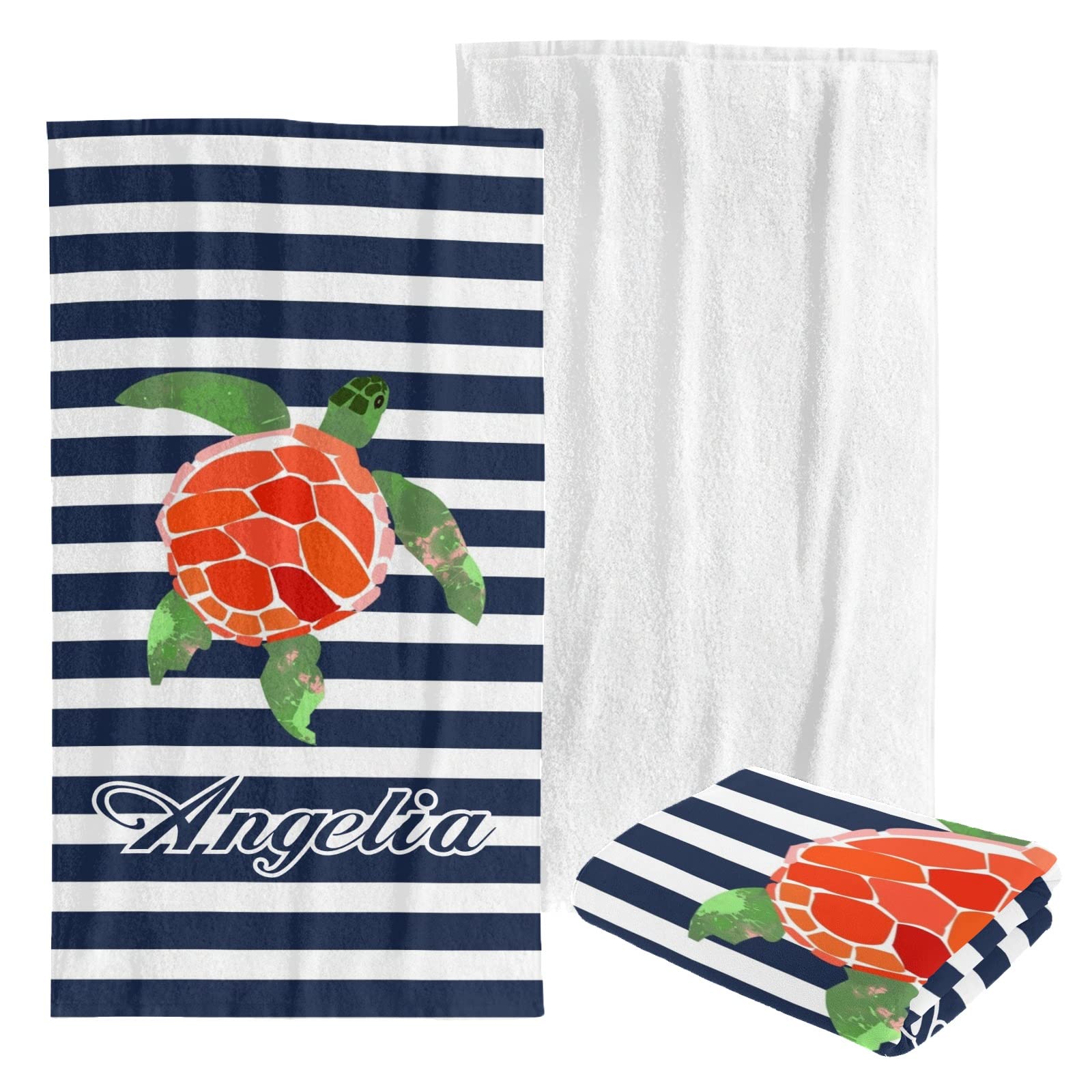 Custom Personalized Beach Towel - Blue Striped Cute Turtle Design for Kids, Men & Women | Soft Quick-Dry Bath Towel for Swimming, Sunbathing & Beach Vacations