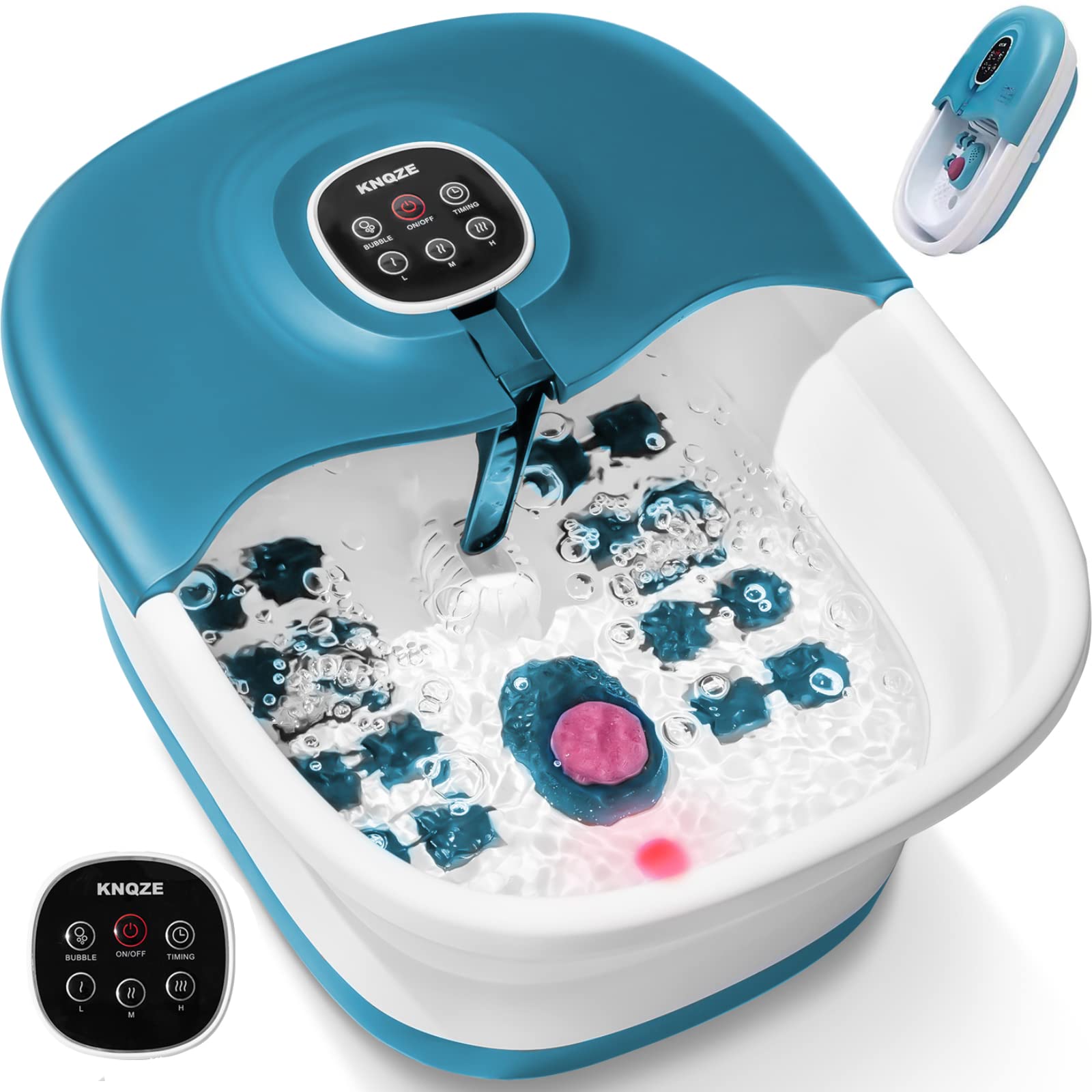 Portable Collapsible Foot Spa Bath with Heat & Bubbles - Remote Control, Adjustable Temperature, 16 Massage Rollers, Red Light Therapy & Pumice Stone - Perfect for Relaxing Tired Feet at Home, Spa Day or Post-Workout Recovery - Blue
