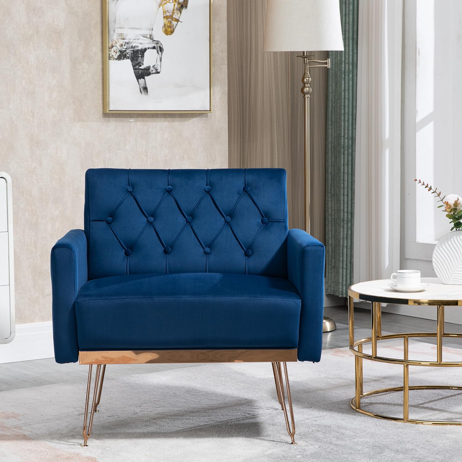 Velvet Tufted Accent Chair - Comfortable Living Room Lounge Armchair with Rose Gold Metal Trim, Upholstered Sofa Chair for Bedroom & Office Decor | Perfect for Relaxing, Reading & Small Space Seating
