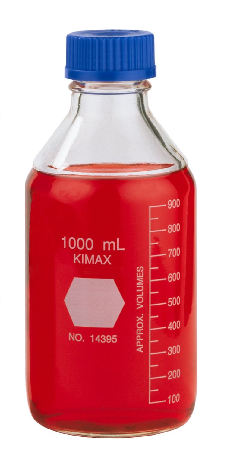 Kimble 14395-1000 Borosilicate Glass GL-45 Media/Storage Bottle with Blue Polypropylene Screw Cap - 1000mL (Pack of 10) - Ideal for Laboratory Storage, Chemical Solutions & Media Preparation