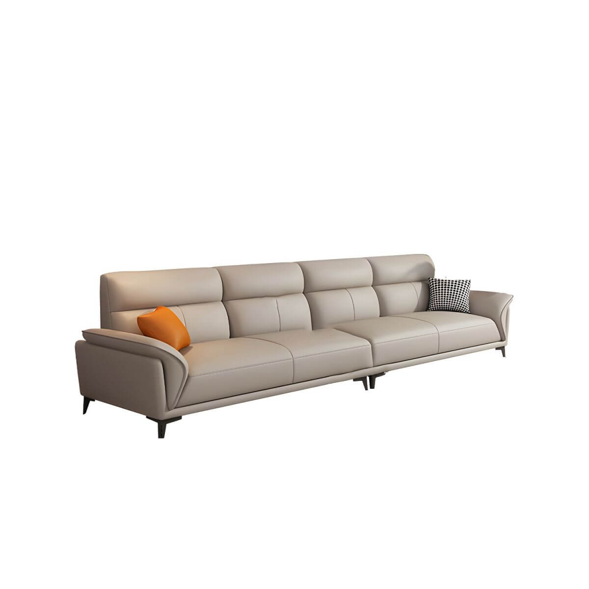 Modern Dove Grey Scratch-Resistant Solid Color Cow Leather Upholstered 4-Seater Sofa with 2 Pillows - Perfect for Living Room, Lounge, and Office Spaces