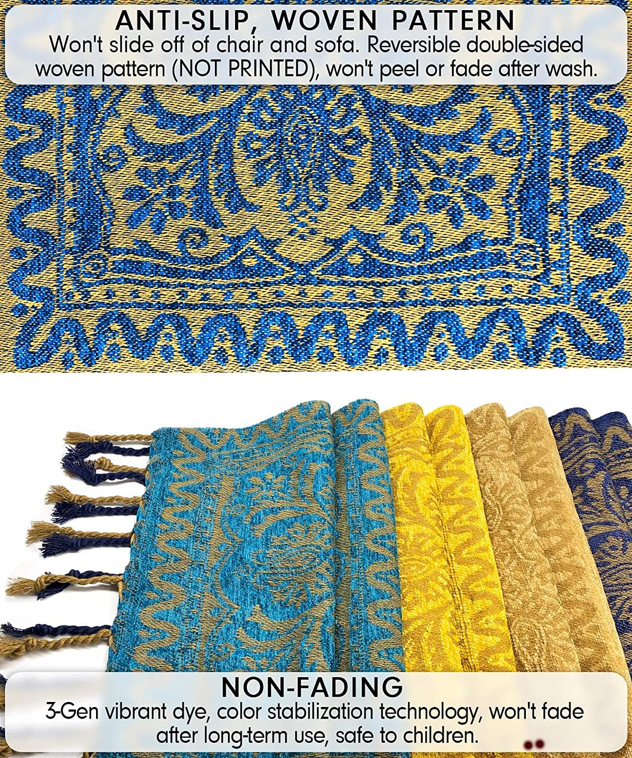 Bohemian Chenille Throw Blanket 60x75 - Soft Recliner & Sofa Cover, Native American Style Boho Decor in Blue Navy Yellow - Perfect for Living Room, Bedroom & Cozy Home Decor