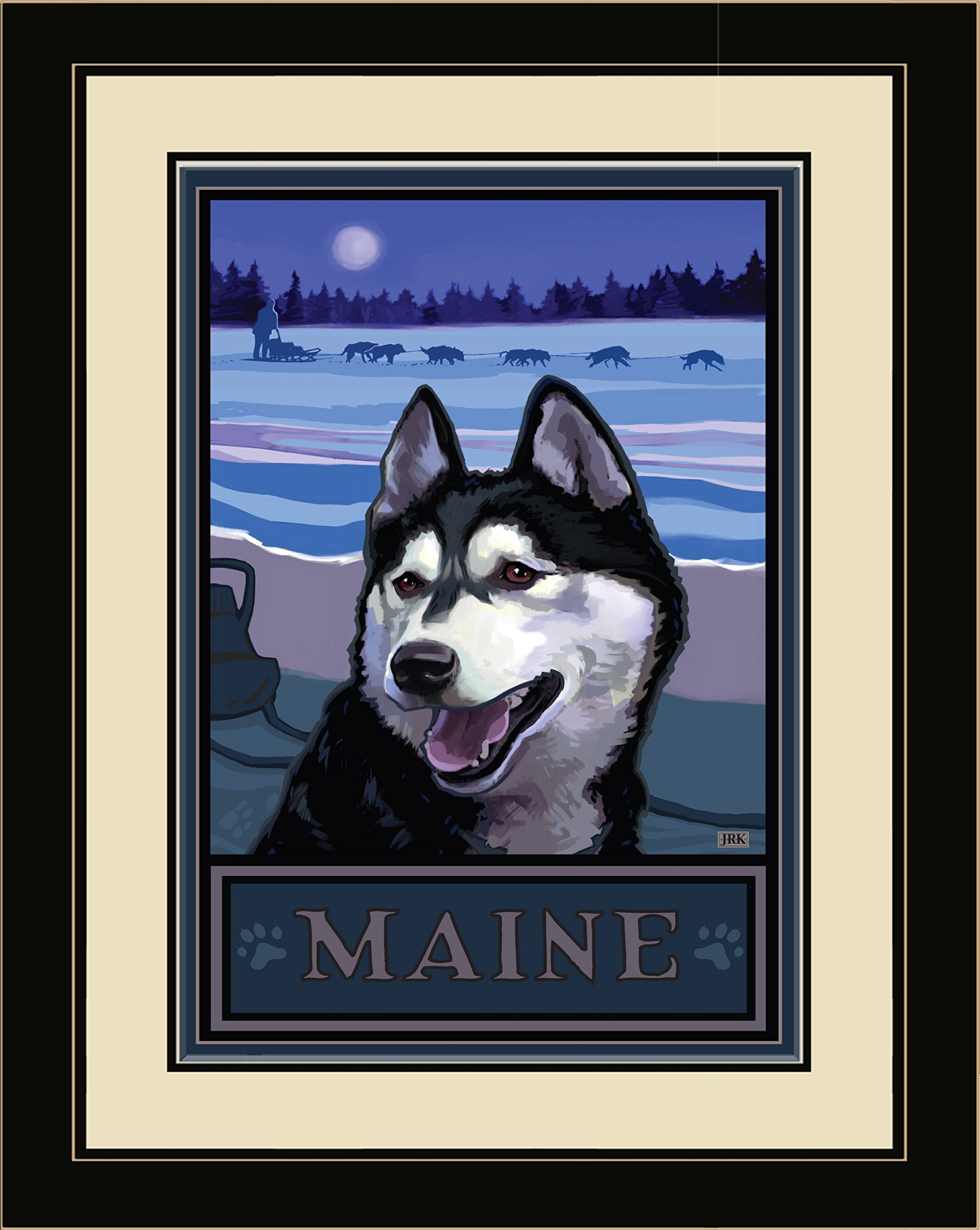 Joanne Kollman Framed Wall Art - 20 x 26 Inch Maine Sled Dog Heritage Painting, Northwest Art Mall JK-1617 LFGDM SDH - Perfect for Home Decor, Living Room, Office & Cabin Wall Art
