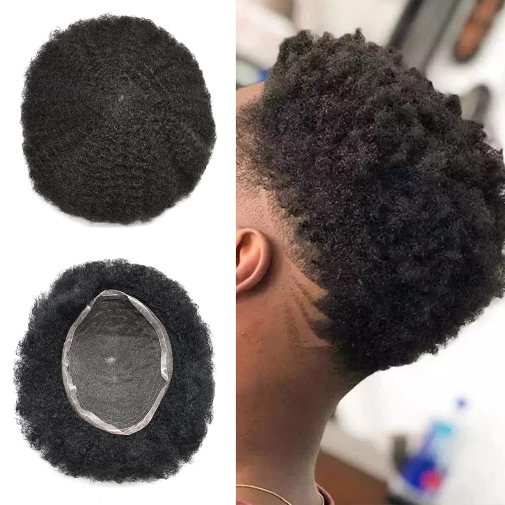 Brazilian Human Hair Afro Toupee for Black Men - Full French Lace Wig with Transparent Base | 6mm Afro Wave Curly Replacement System (1B Off Black) | Perfect for Daily Wear, Cosplay & Special Events