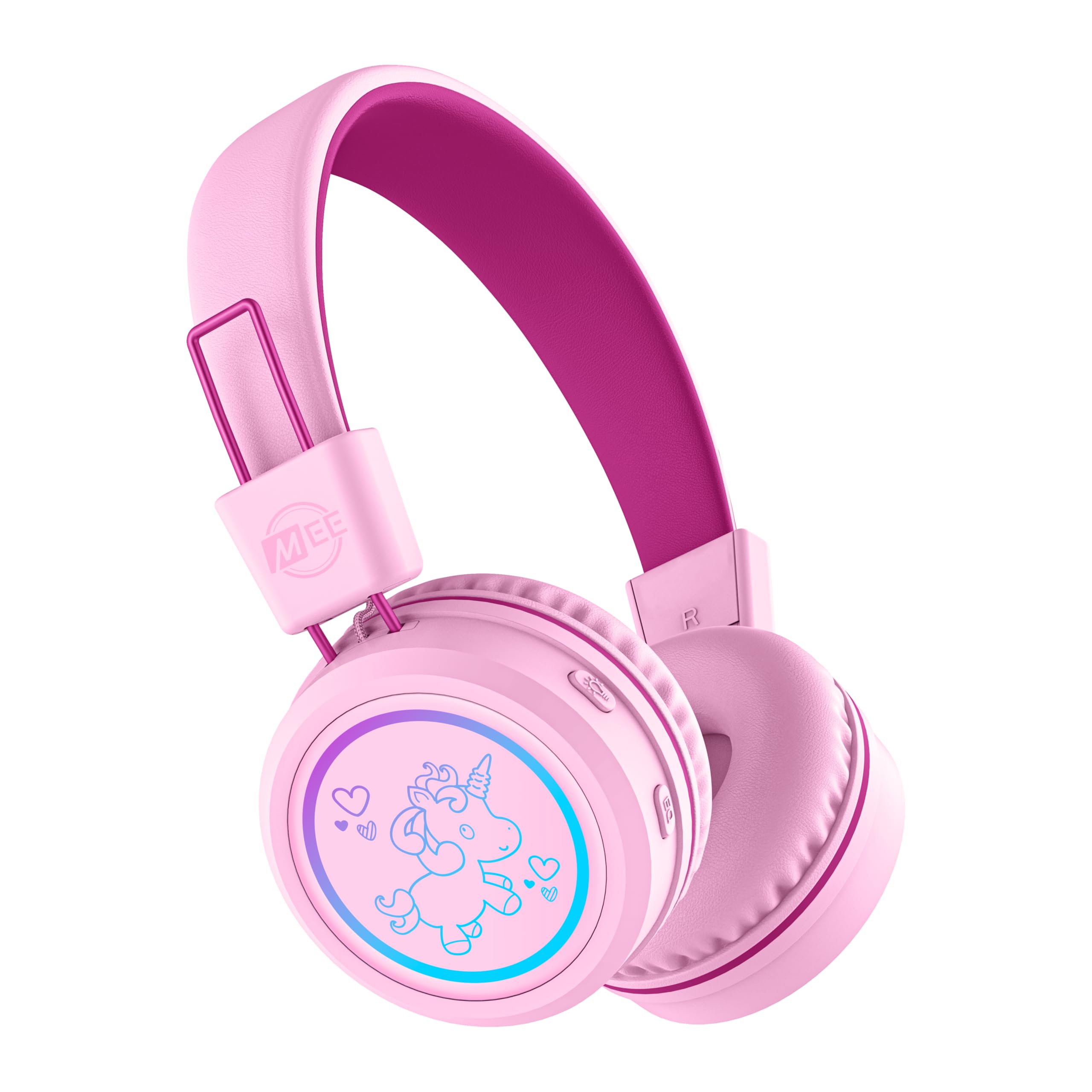 MEE audio KidJamz KJ55BT Bluetooth Wireless Kids Headphones with LED Lights - 85dB Volume Limiter, Built-in Mic & 40H Battery - Safe Listening Headphones for Children - Perfect for School, Online Learning, iPhone, iPad, Tablet & Travel (Pink)
