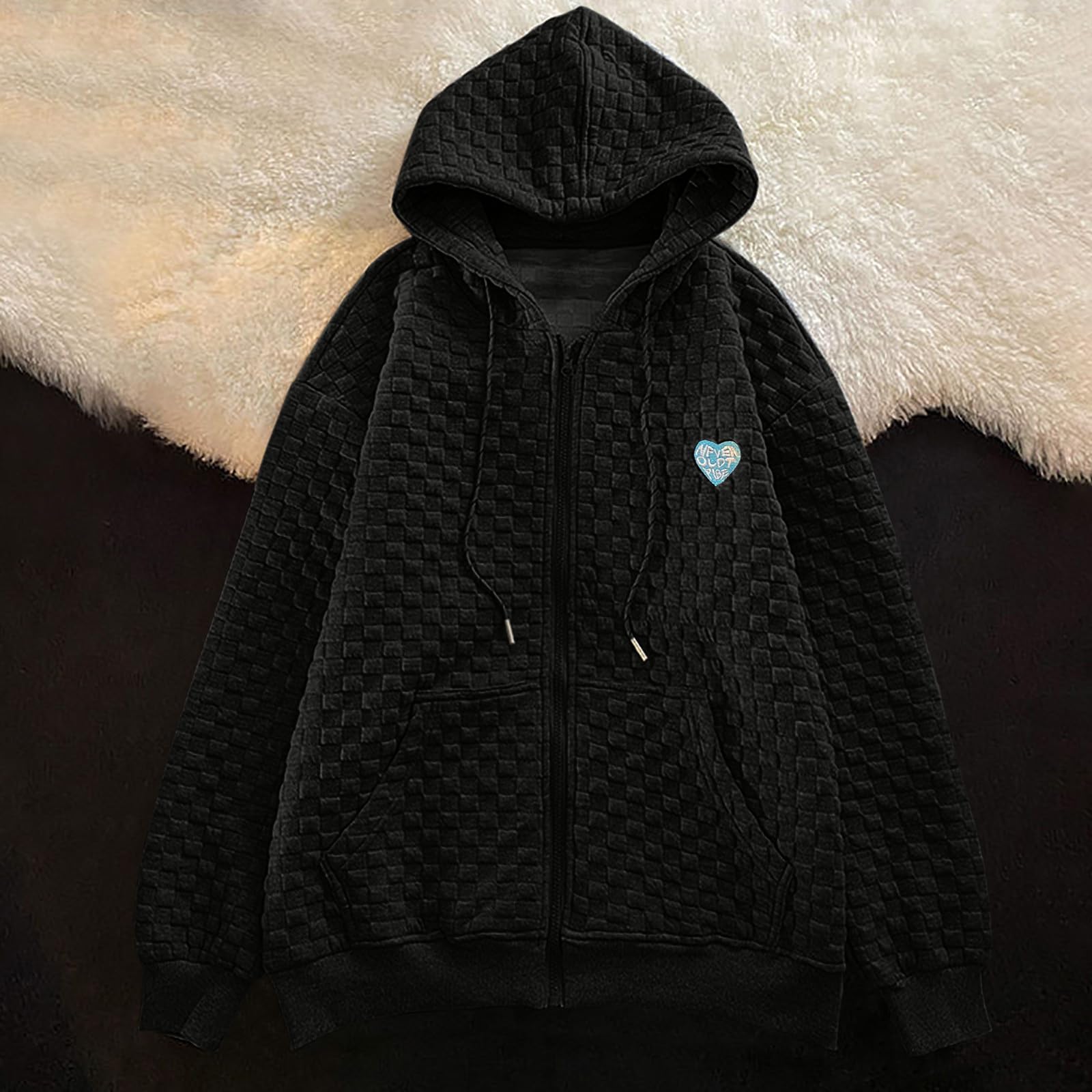Trendy Women's Waffle Drawstring Hoodie - Baggy Oversized Pullover with Heart Embroidery & Zipper Detail | Long Sleeve Casual Sweatshirt for Streetwear, Loungewear & Winter Fashion