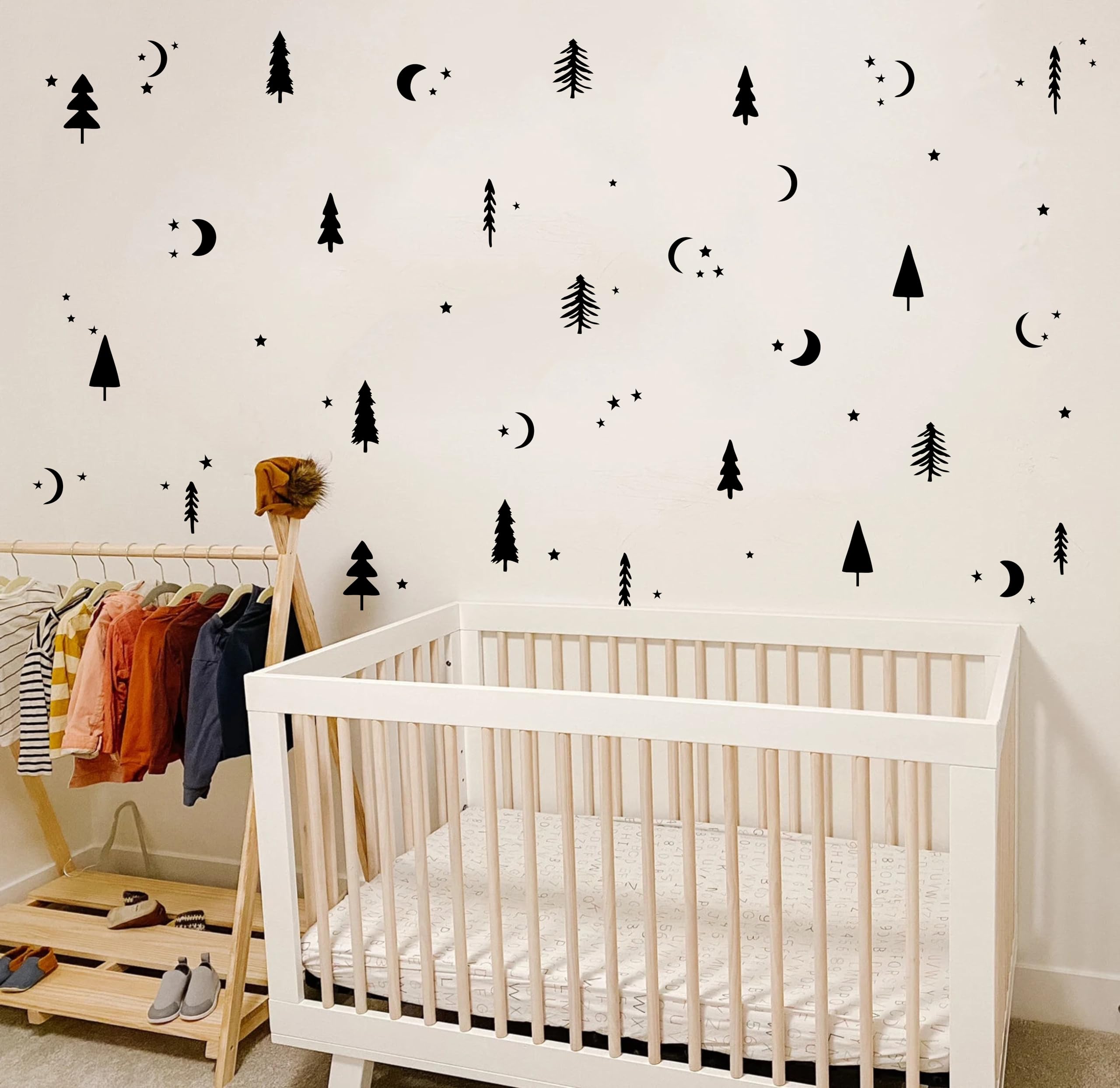 Starry Night Forest Wall Decals - Moon and Stars Peel & Stick Removable Wall Stickers for Kids Room & Nursery Decor - Black (Perfect for Bedroom, Playroom & Dorm Room Wall Art)