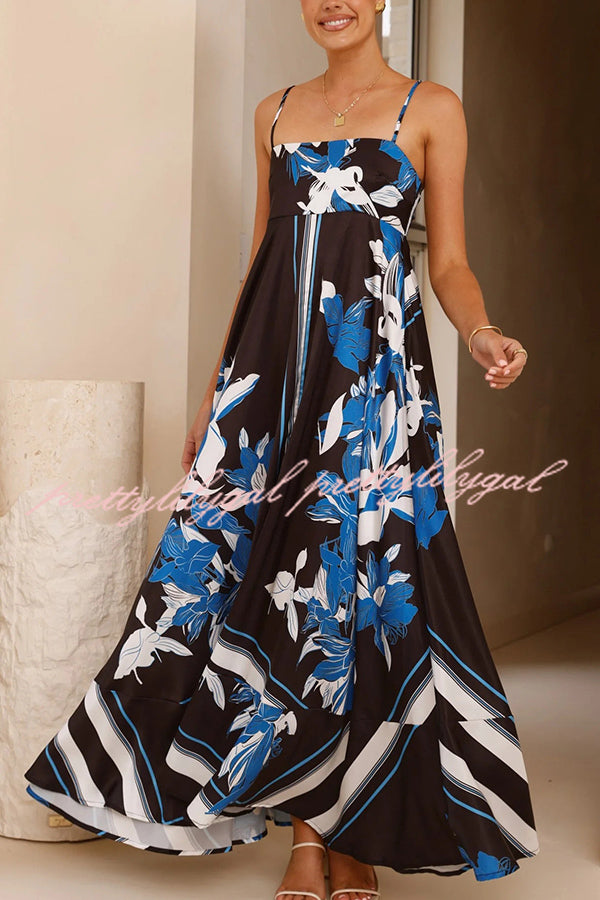 **Floral Print Square Neck Suspenders Casual Full Hem Maxi Dress for Women - Perfect for Summer Outings, Beach Vacations & Boho Chic Style**
