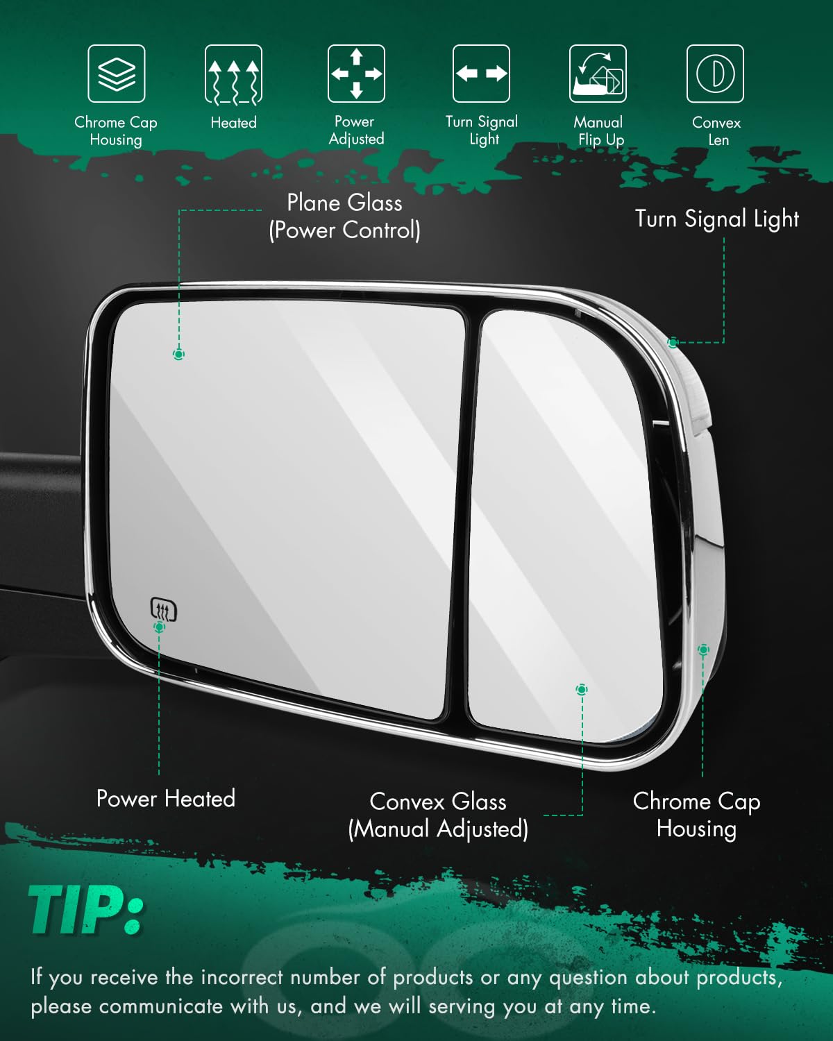 SCITOO Power Adjustable Heated Towing Mirrors with Turn Signal & Puddle Light - Compatible with Dodge Ram 1500 (2010-2017), Ram 2500/3500 (2009-2017) - Manual Folding Flip-Up Chrome Design for Enhanced Towing Safety & Night Visibility